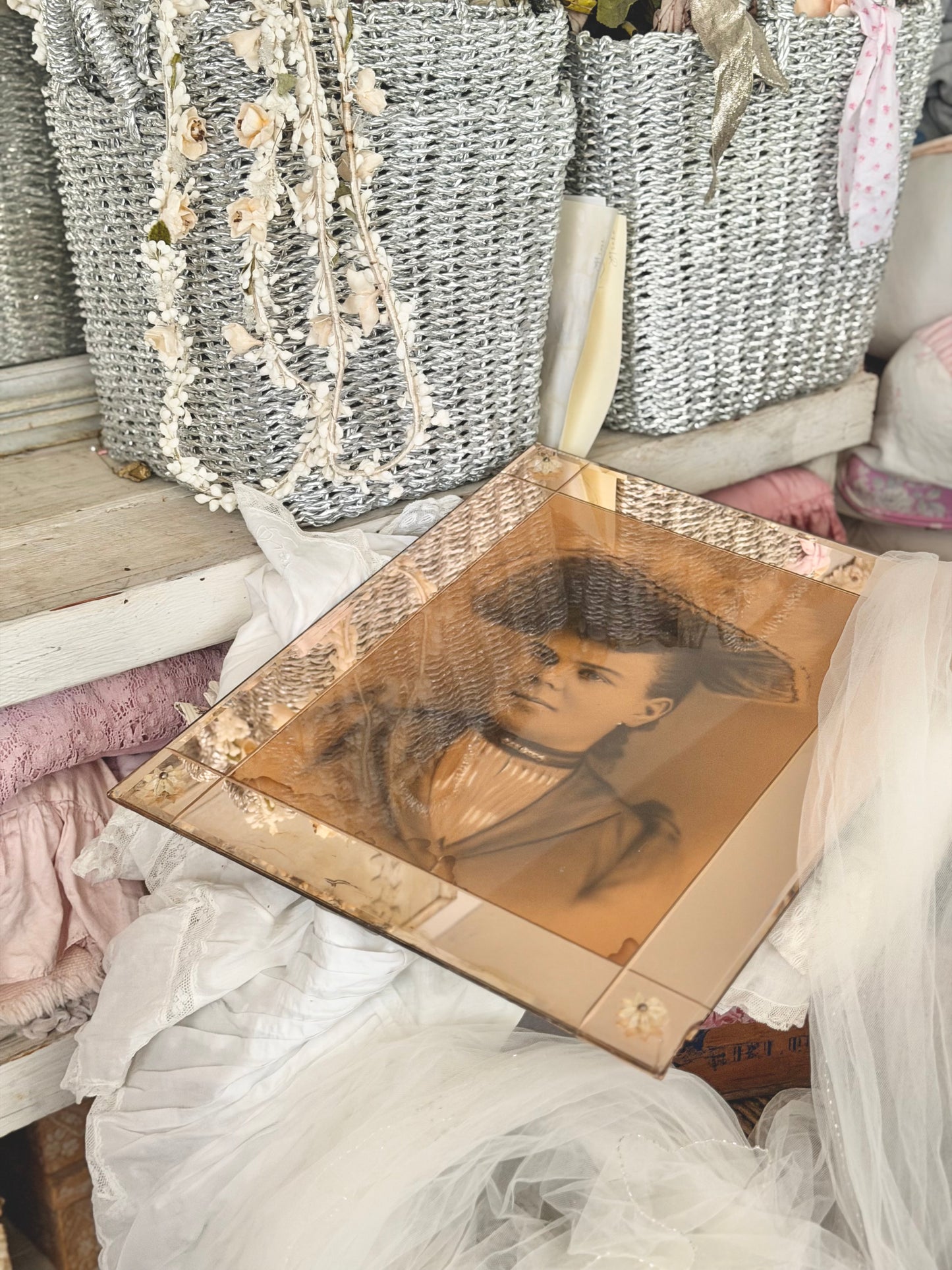 RARE Antique Pink Glass Frame Victorian Portrait