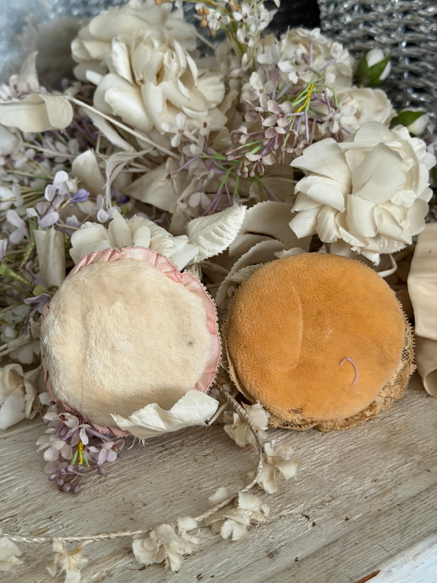 Pair Antique Ribbonwork Silk Powder Puffs