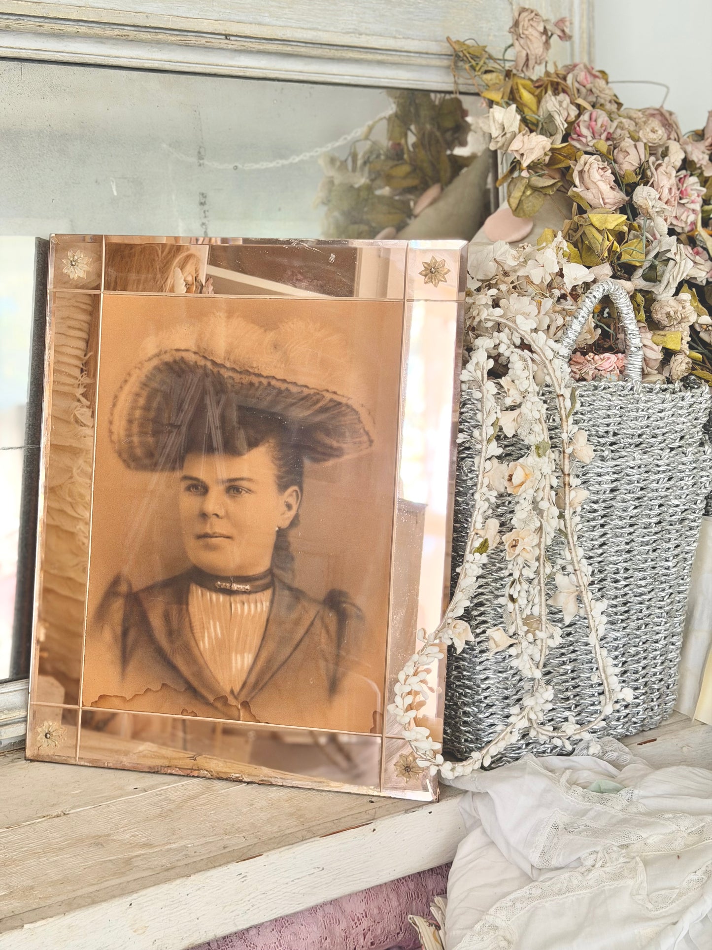 RARE Antique Pink Glass Frame Victorian Portrait