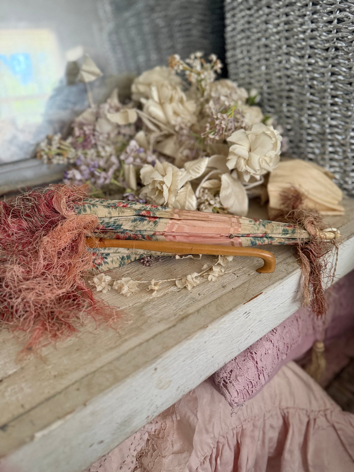RARE Antique French Silk Pink Watered Rose Carriage Parasol