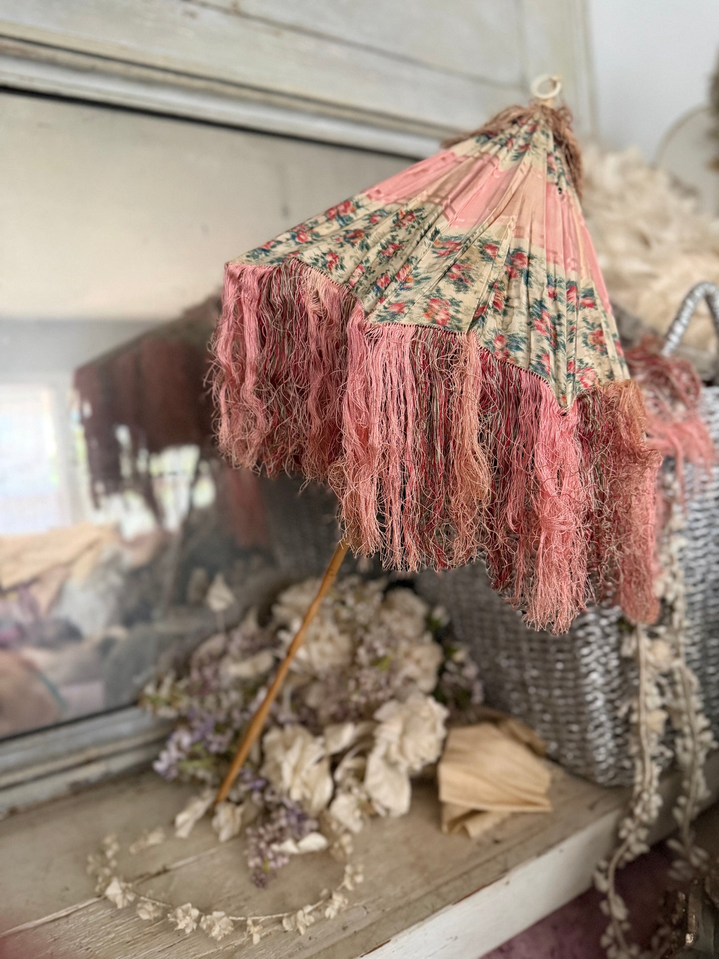 RARE Antique French Silk Pink Watered Rose Carriage Parasol