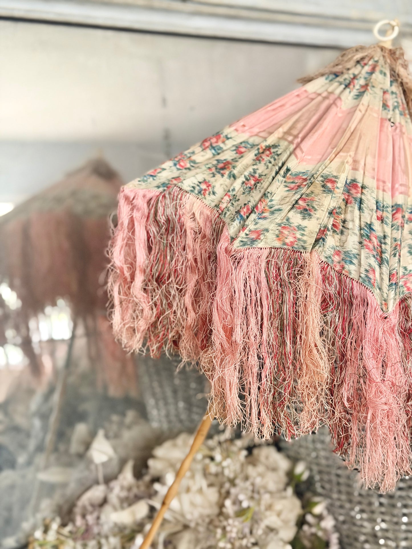 RARE Antique French Silk Pink Watered Rose Carriage Parasol
