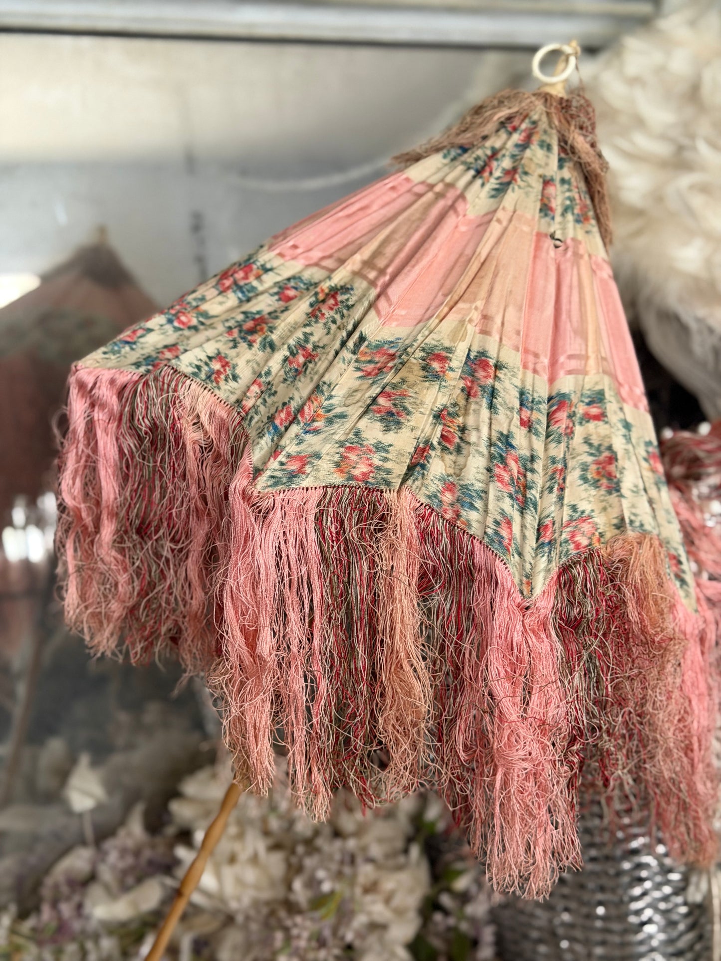 RARE Antique French Silk Pink Watered Rose Carriage Parasol