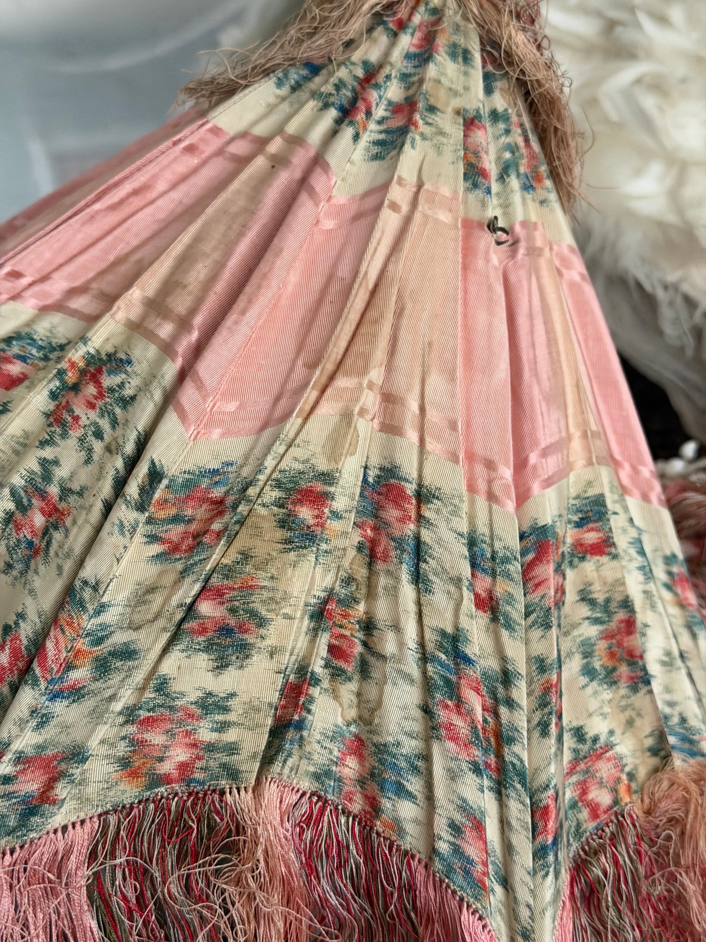 RARE Antique French Silk Pink Watered Rose Carriage Parasol