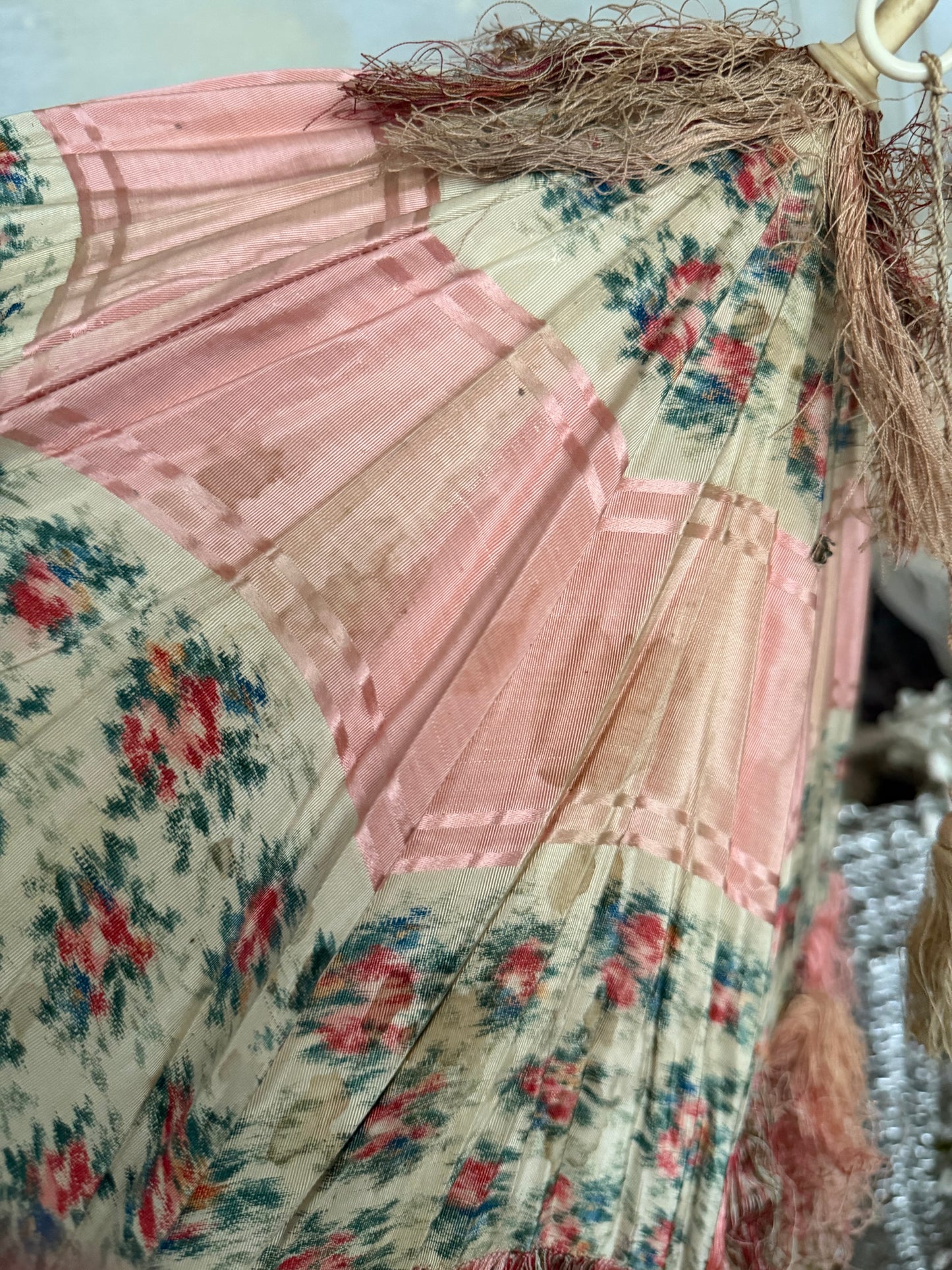 RARE Antique French Silk Pink Watered Rose Carriage Parasol