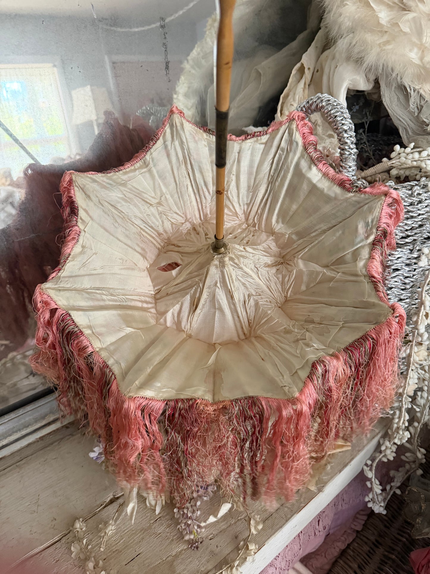 RARE Antique French Silk Pink Watered Rose Carriage Parasol