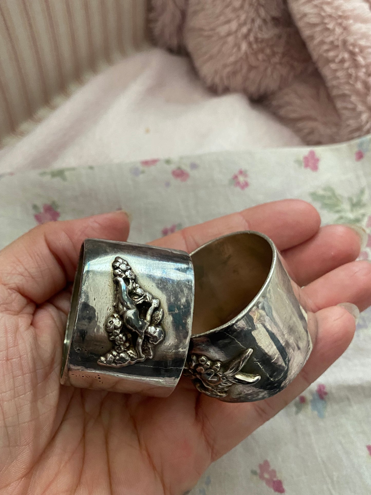 Pair Antique Sterling Silver Napkin Rings Cherub