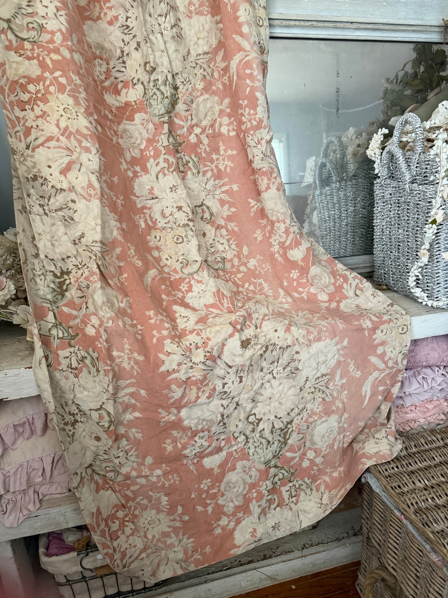 RARE Pair Antique French Linen Chateau Curtains Peach Floral Cherub