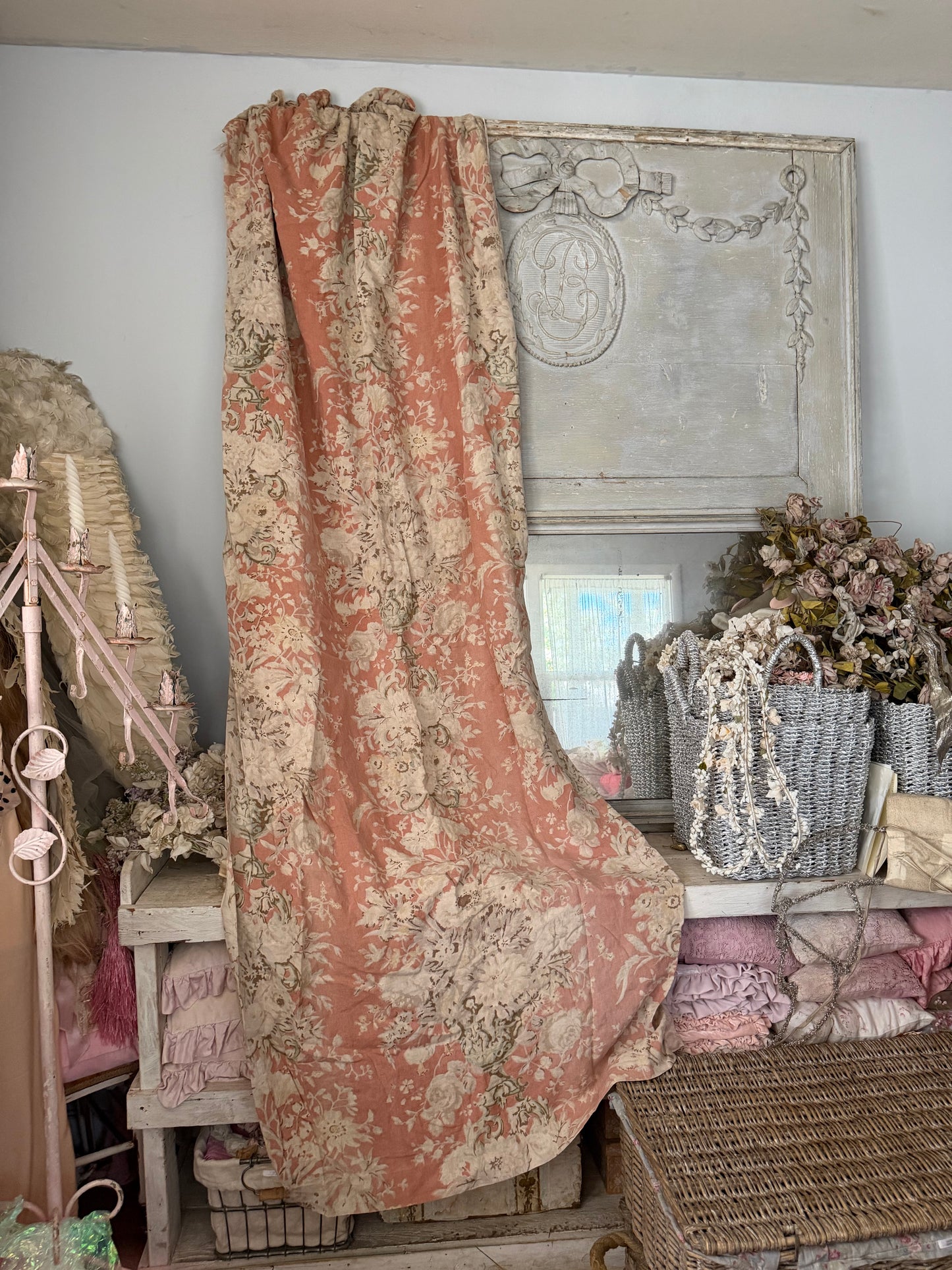 RARE Pair Antique French Linen Chateau Curtains Peach Floral Cherub