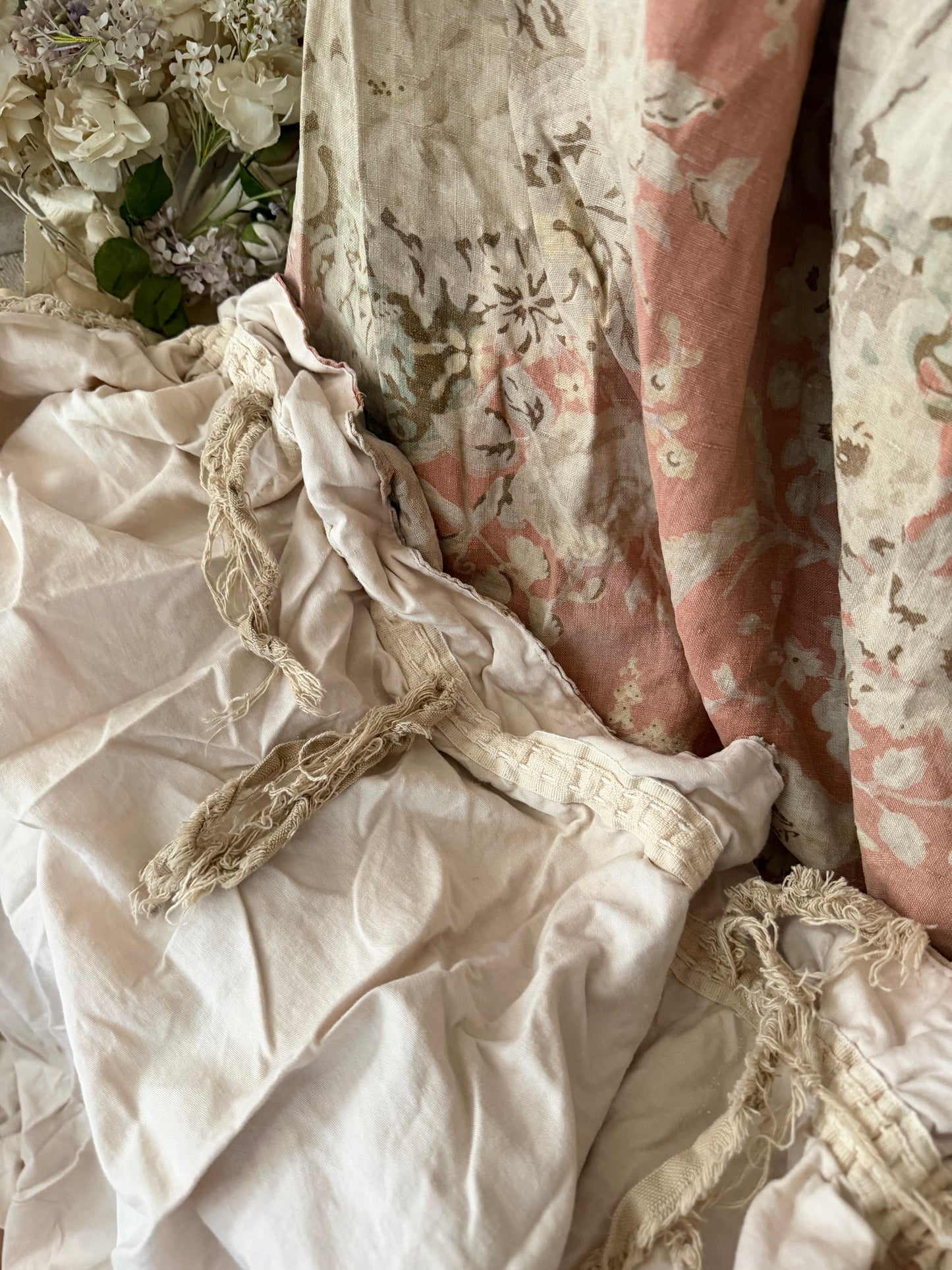 RARE Pair Antique French Linen Chateau Curtains Peach Floral Cherub