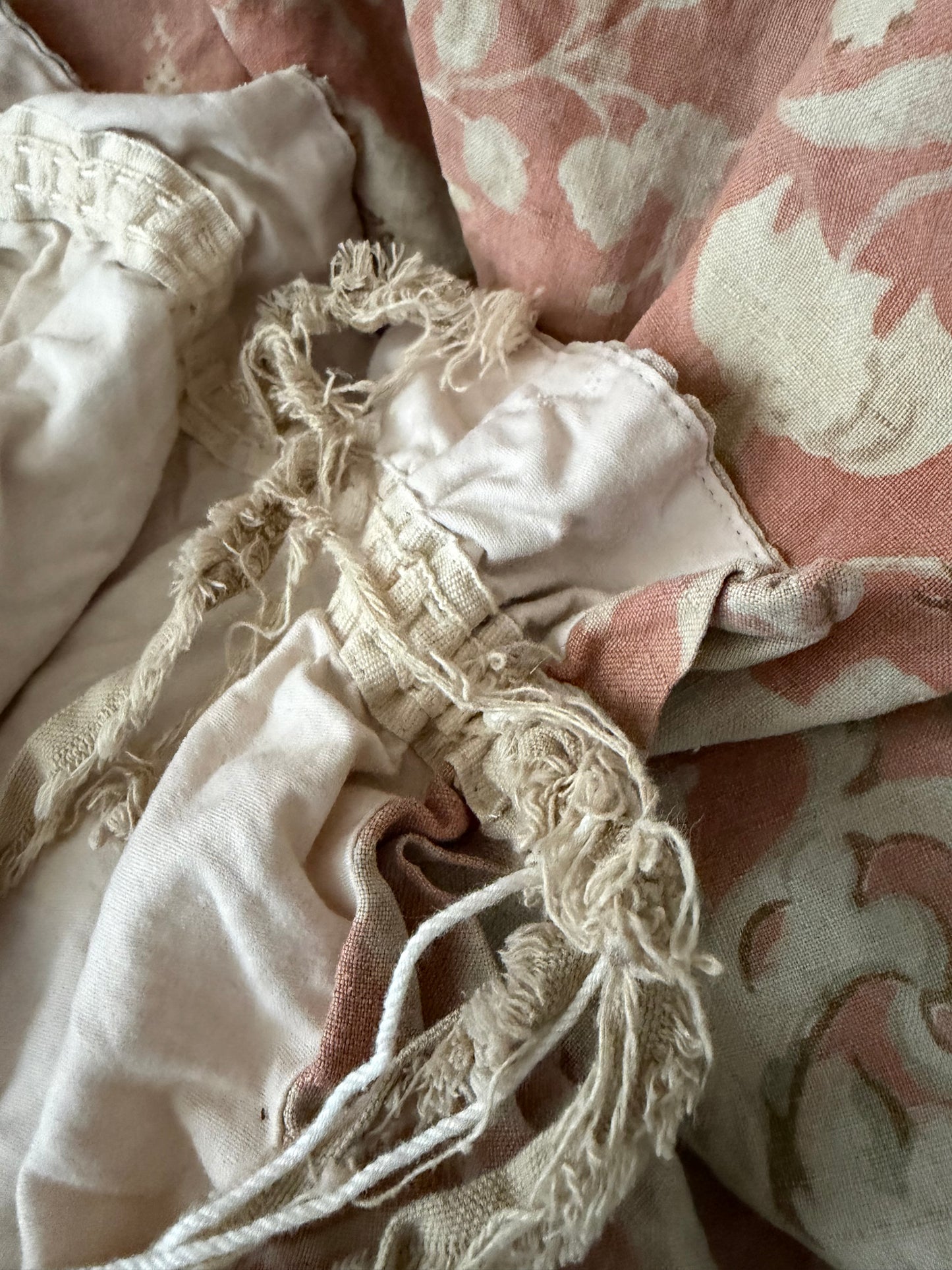 RARE Pair Antique French Linen Chateau Curtains Peach Floral Cherub