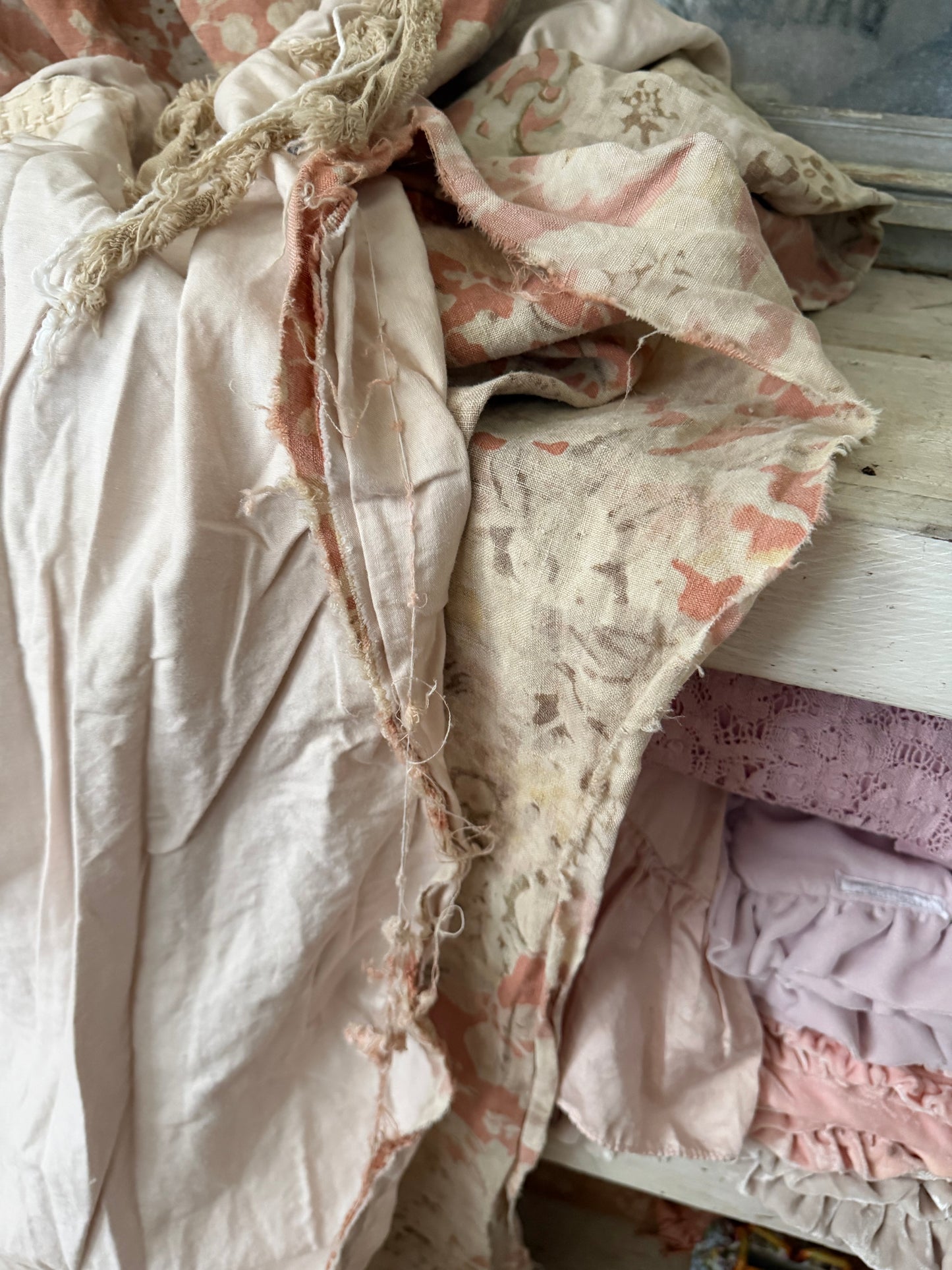 RARE Pair Antique French Linen Chateau Curtains Peach Floral Cherub