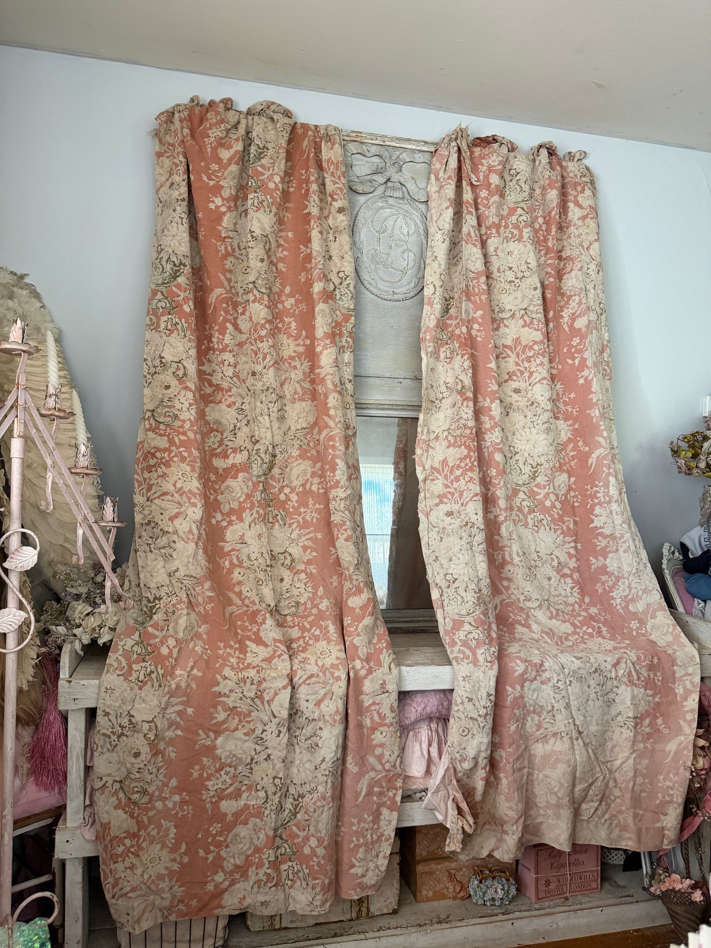RARE Pair Antique French Linen Chateau Curtains Peach Floral Cherub