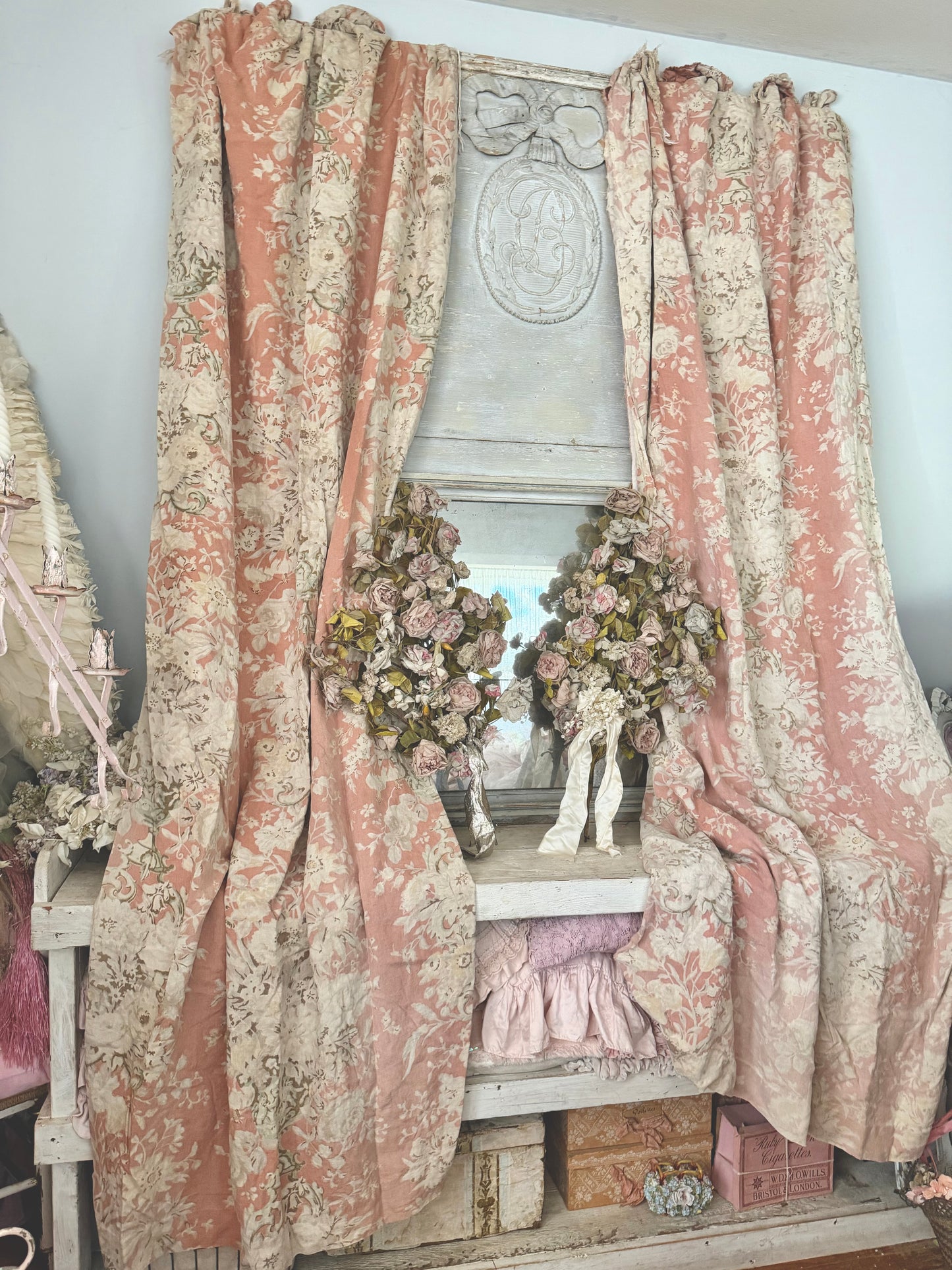 RARE Pair Antique French Linen Chateau Curtains Peach Floral Cherub
