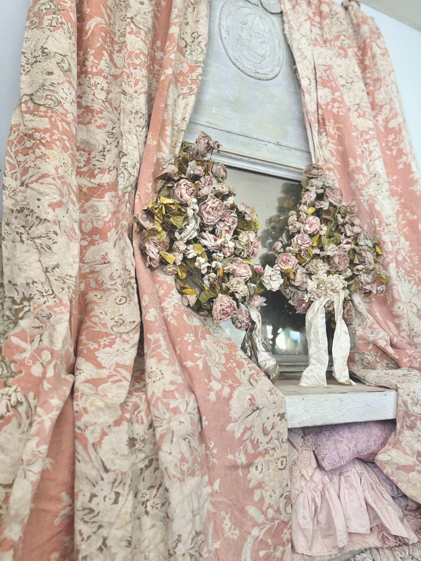 RARE Pair Antique French Linen Chateau Curtains Peach Floral Cherub