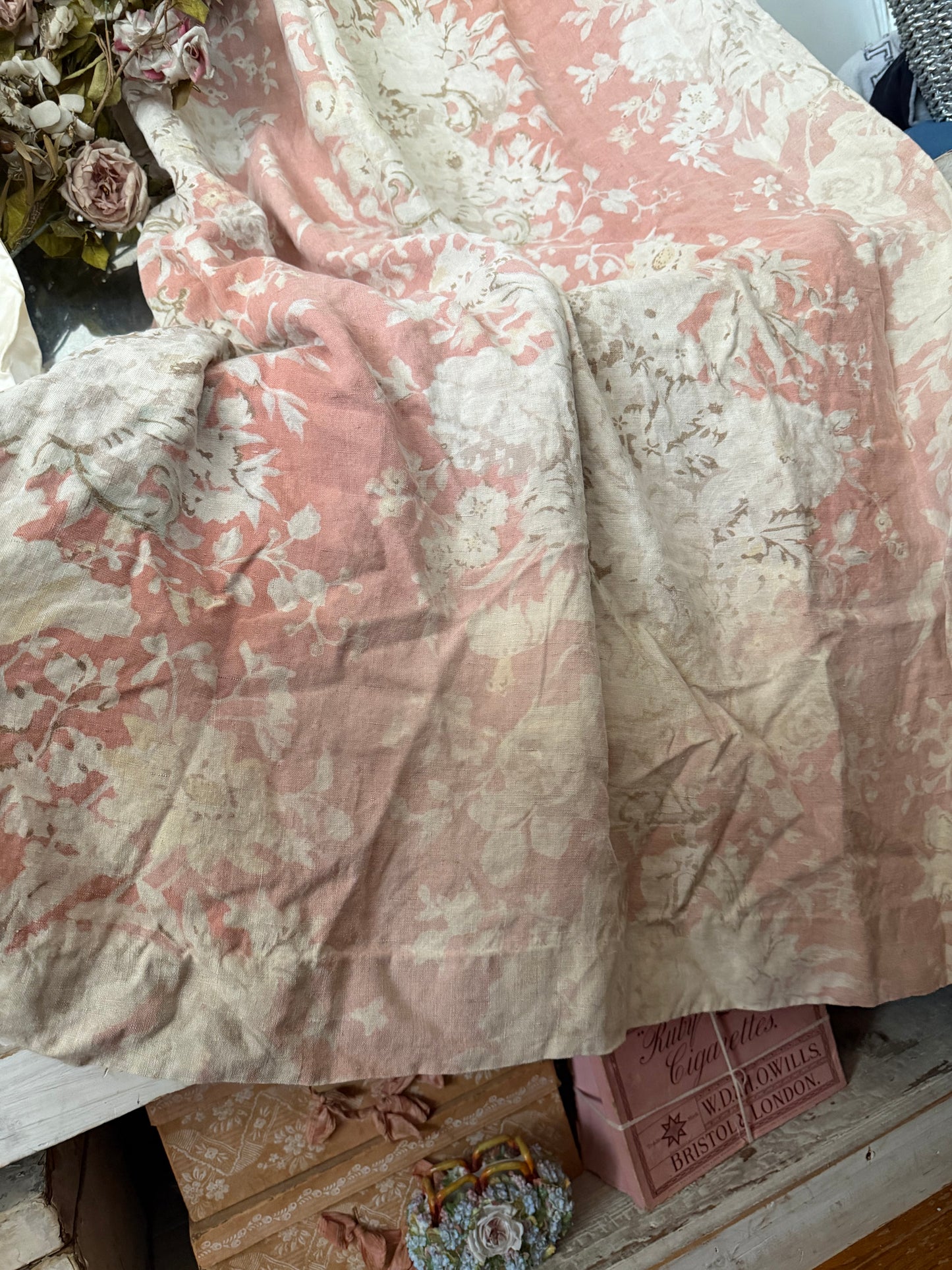 RARE Pair Antique French Linen Chateau Curtains Peach Floral Cherub