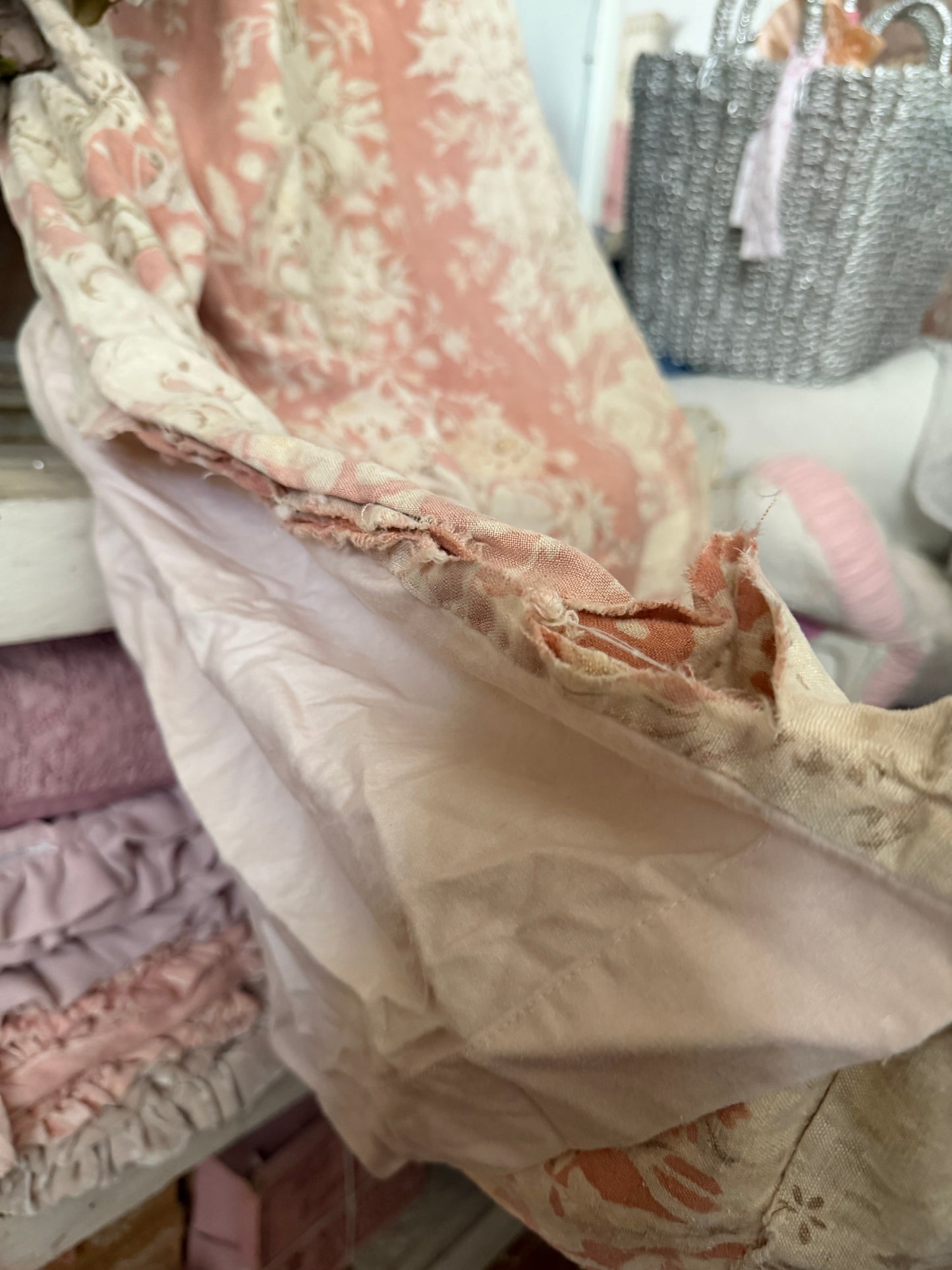 RARE Pair Antique French Linen Chateau Curtains Peach Floral Cherub