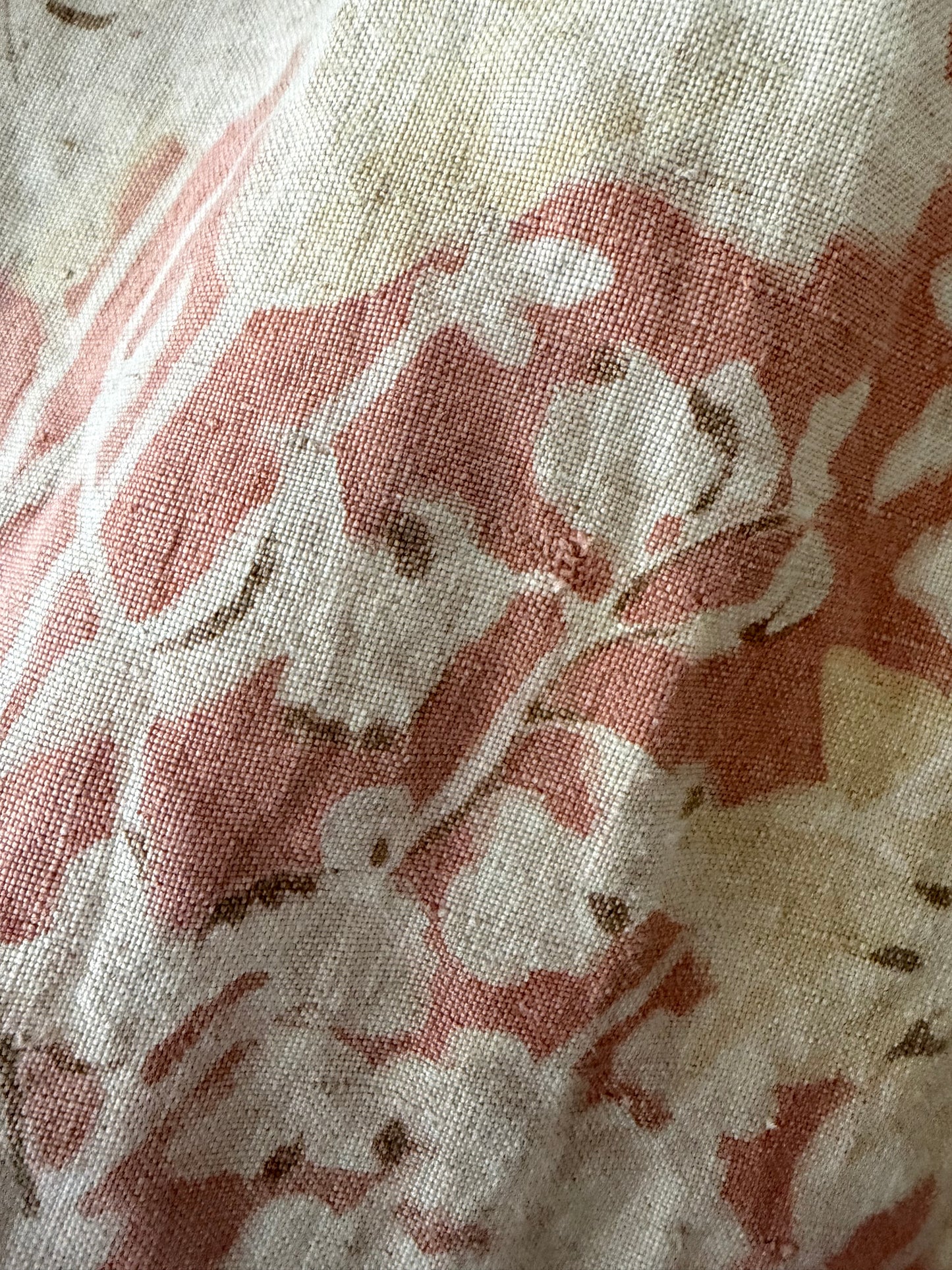 RARE Pair Antique French Linen Chateau Curtains Peach Floral Cherub