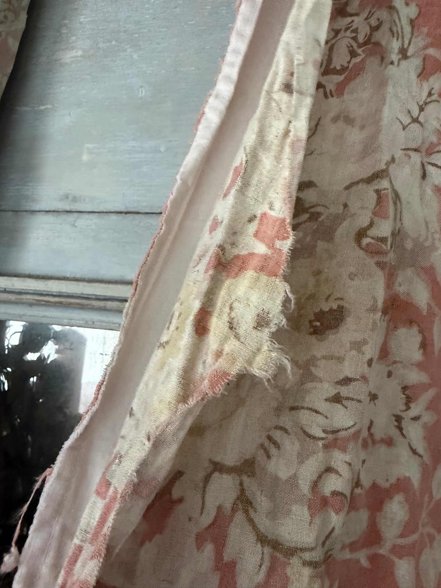 RARE Pair Antique French Linen Chateau Curtains Peach Floral Cherub