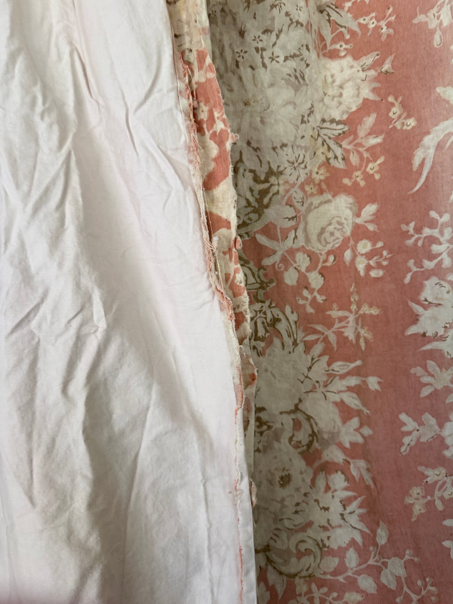 RARE Pair Antique French Linen Chateau Curtains Peach Floral Cherub