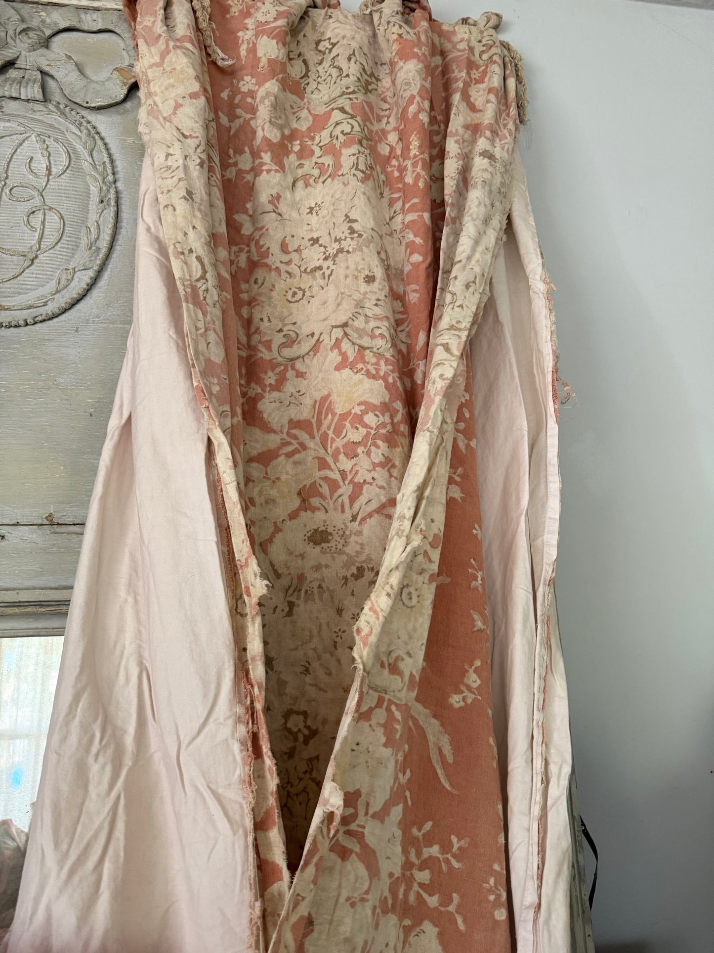 RARE Pair Antique French Linen Chateau Curtains Peach Floral Cherub