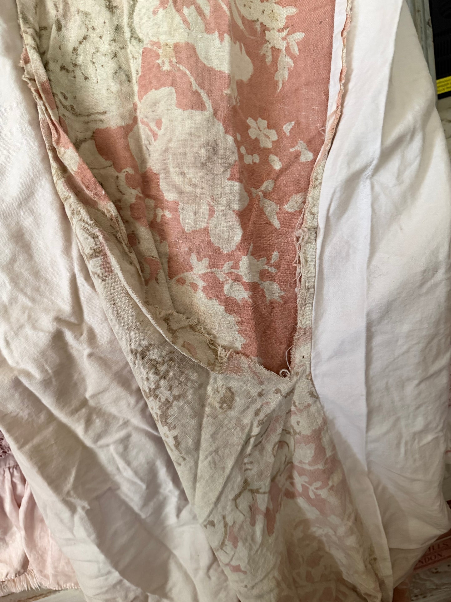 RARE Pair Antique French Linen Chateau Curtains Peach Floral Cherub