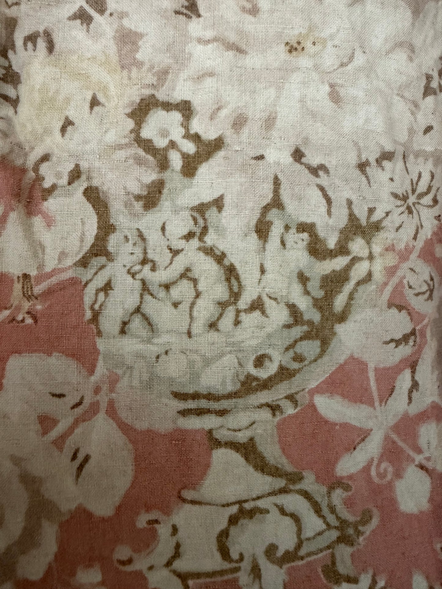 RARE Pair Antique French Linen Chateau Curtains Peach Floral Cherub