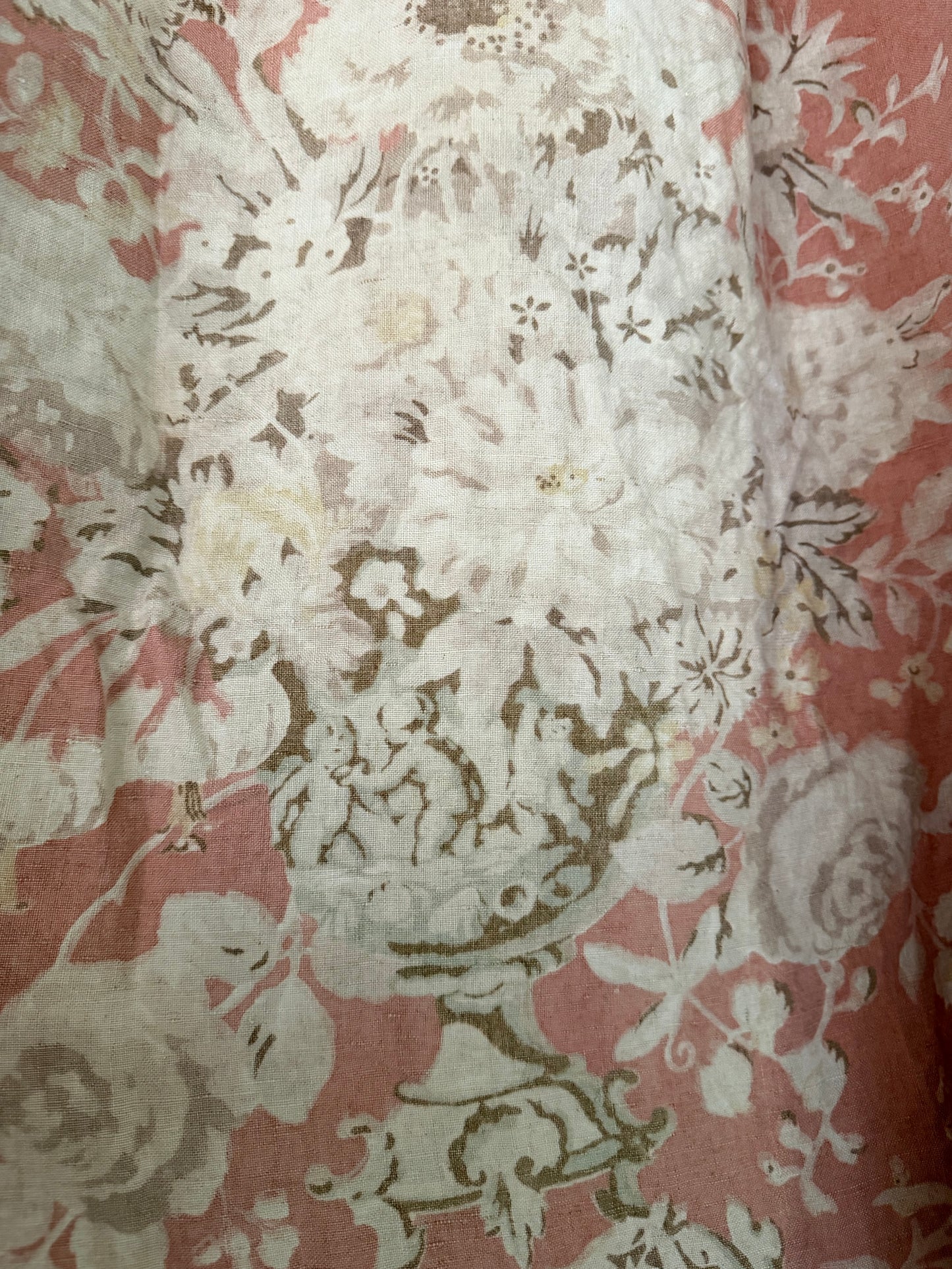 RARE Pair Antique French Linen Chateau Curtains Peach Floral Cherub