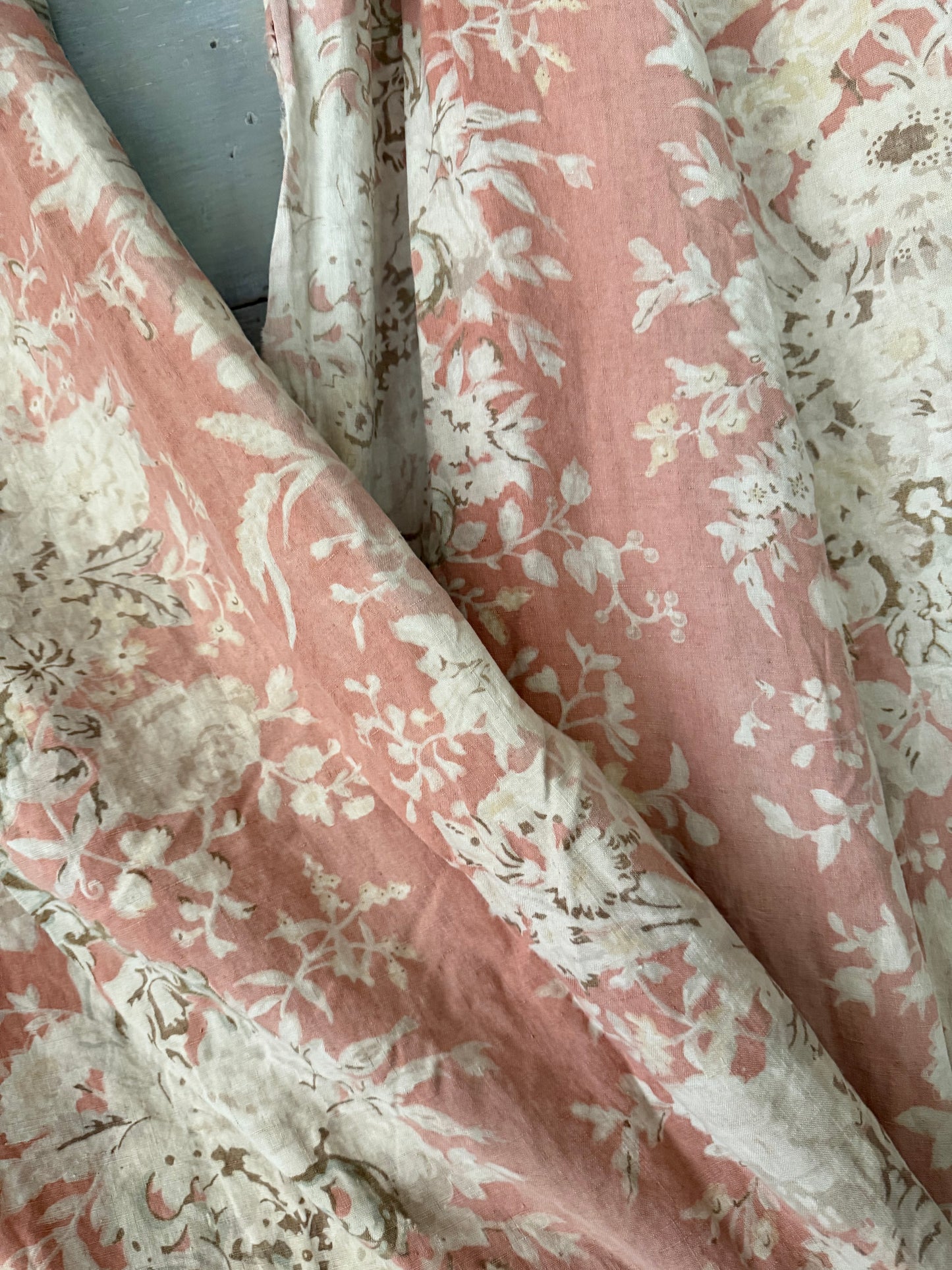 RARE Pair Antique French Linen Chateau Curtains Peach Floral Cherub