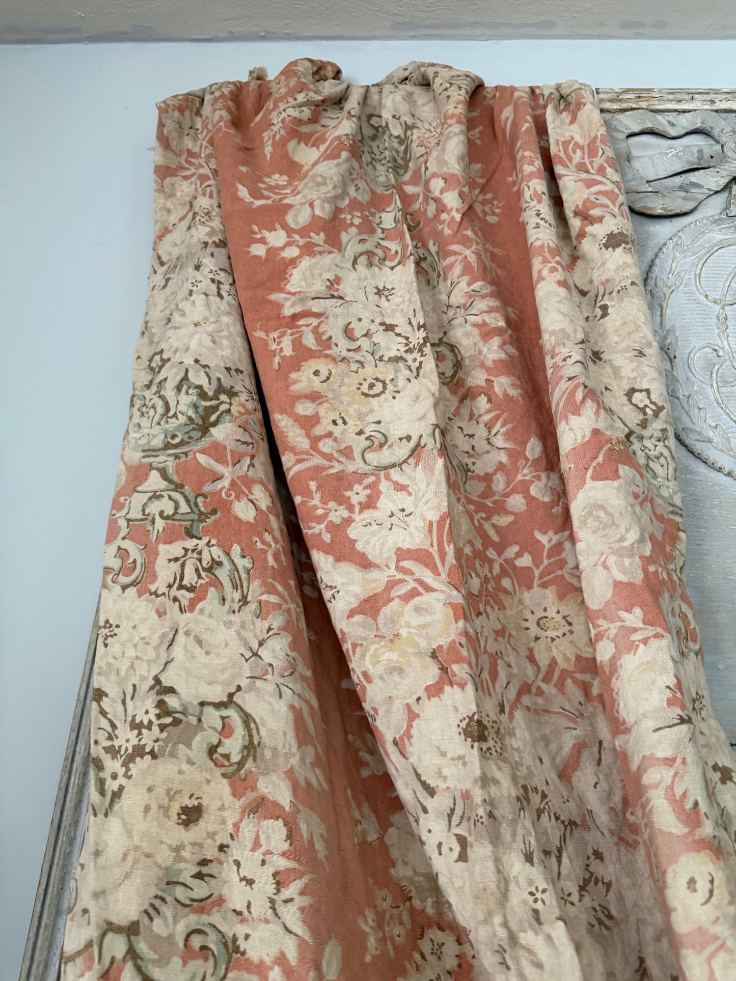 RARE Pair Antique French Linen Chateau Curtains Peach Floral Cherub