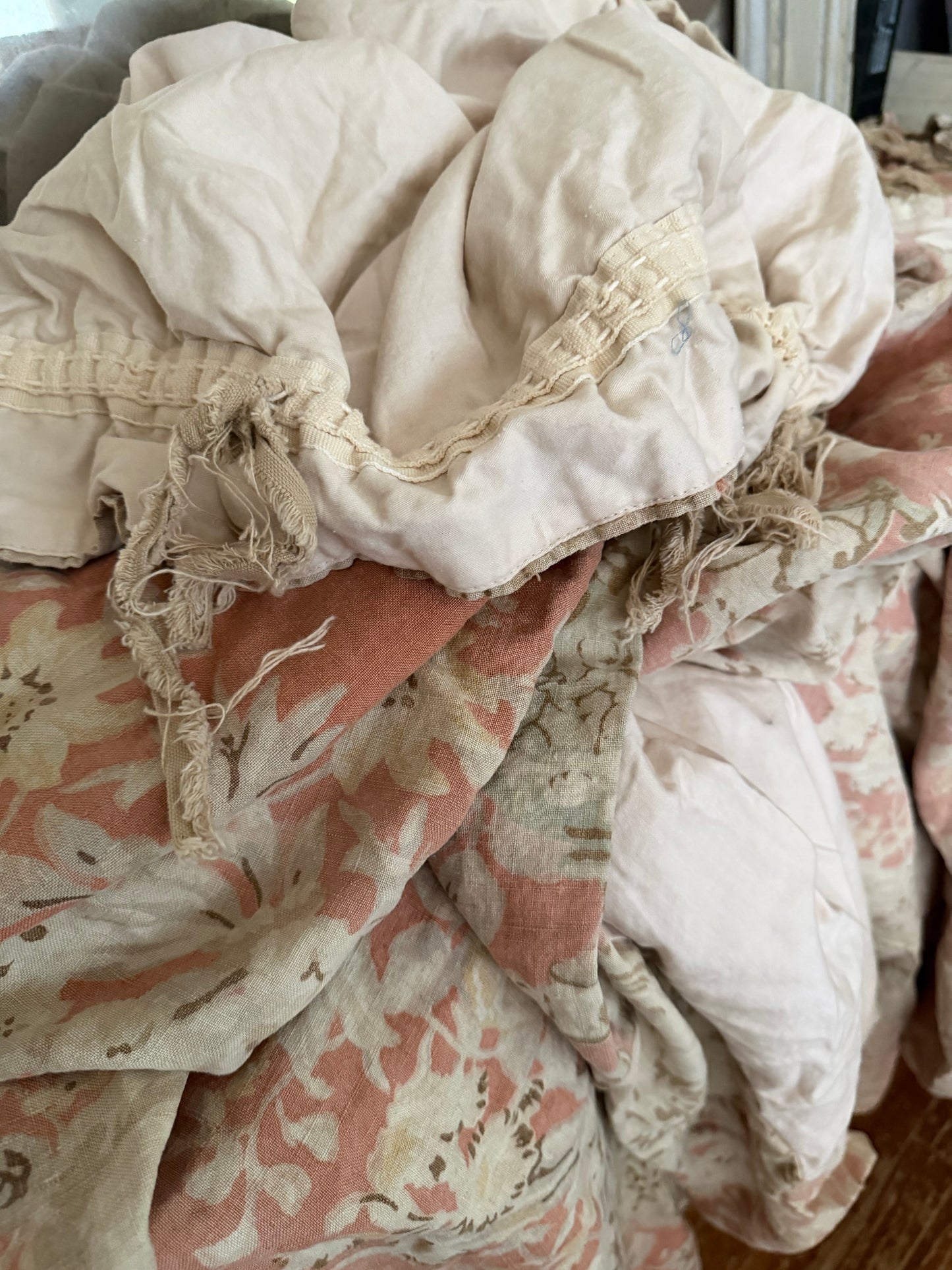 RARE Pair Antique French Linen Chateau Curtains Peach Floral Cherub