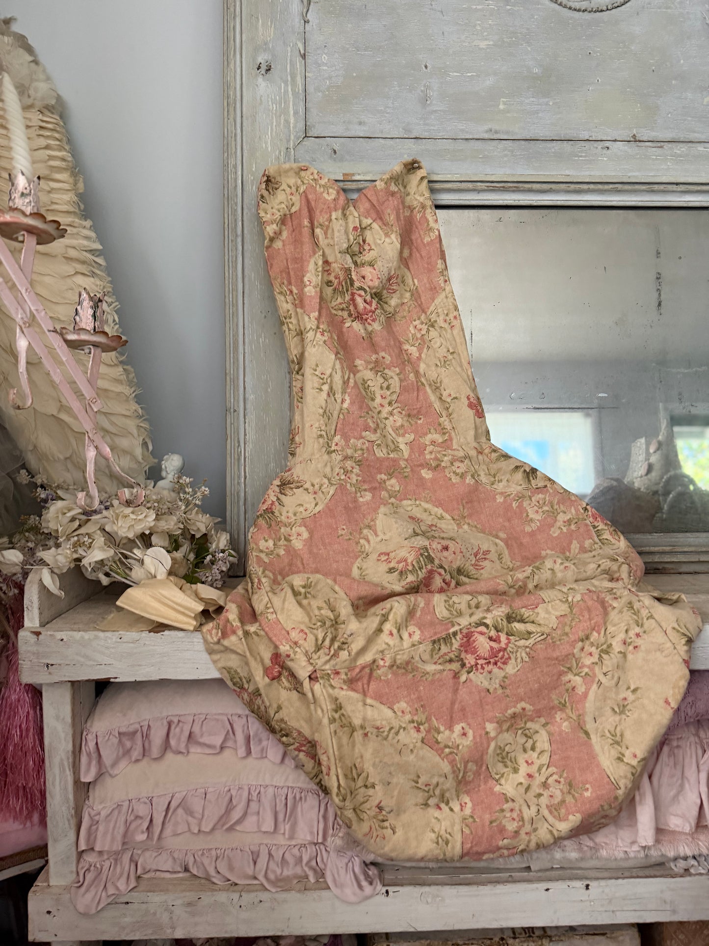 Set 2 Vintage Shabby Chic Pink Rose Linen Fabric Chair Slipcovers