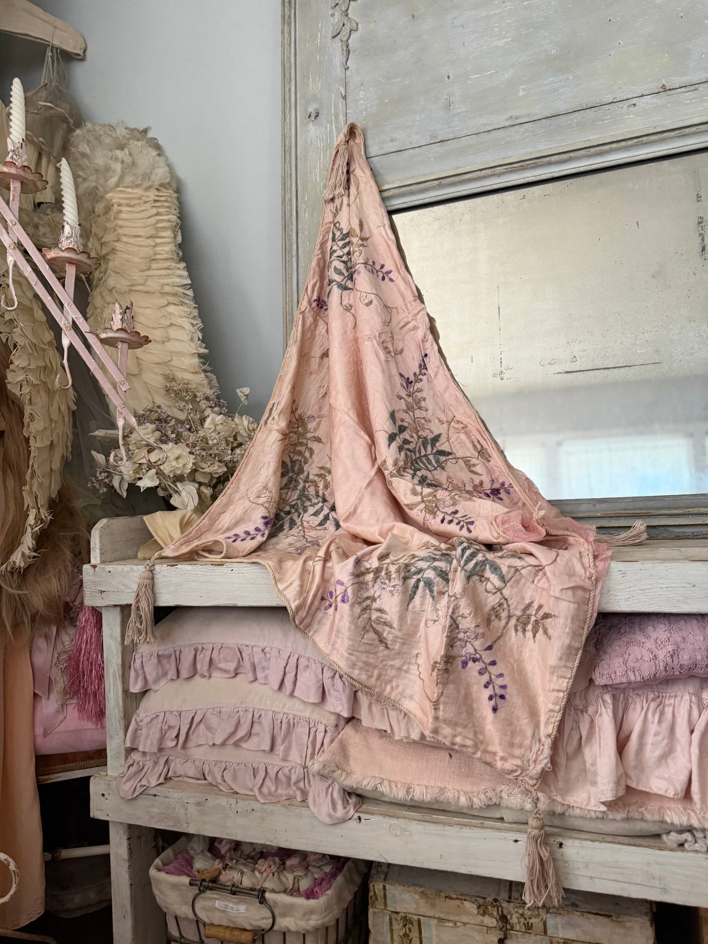 Antique Pink Silk Embroidered Boudoir Throw