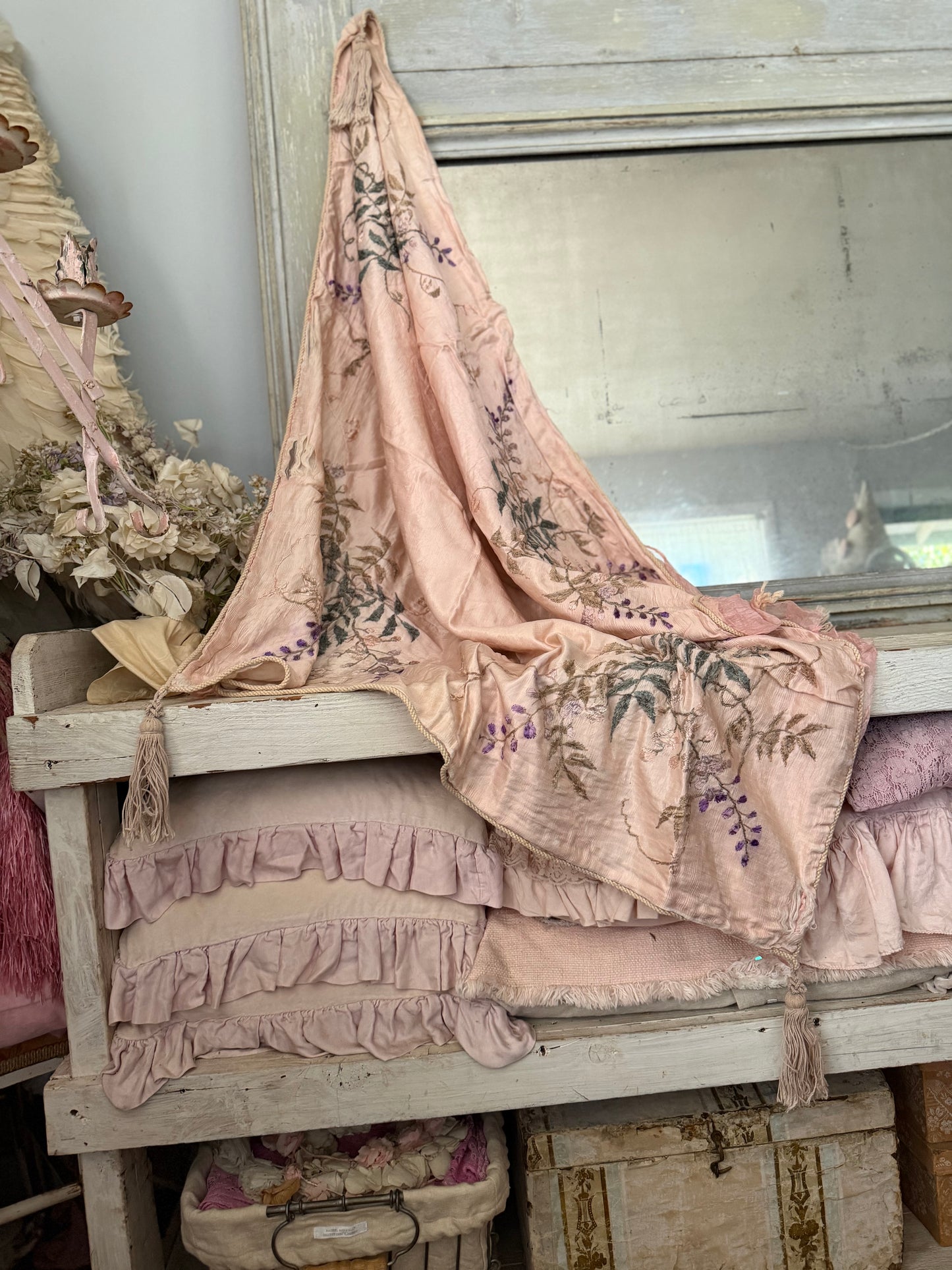 Antique Pink Silk Embroidered Boudoir Throw
