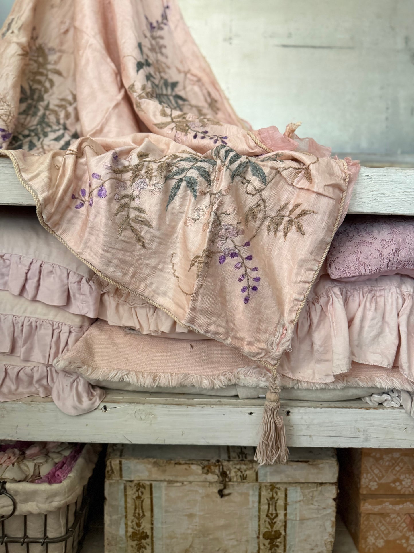 Antique Pink Silk Embroidered Boudoir Throw