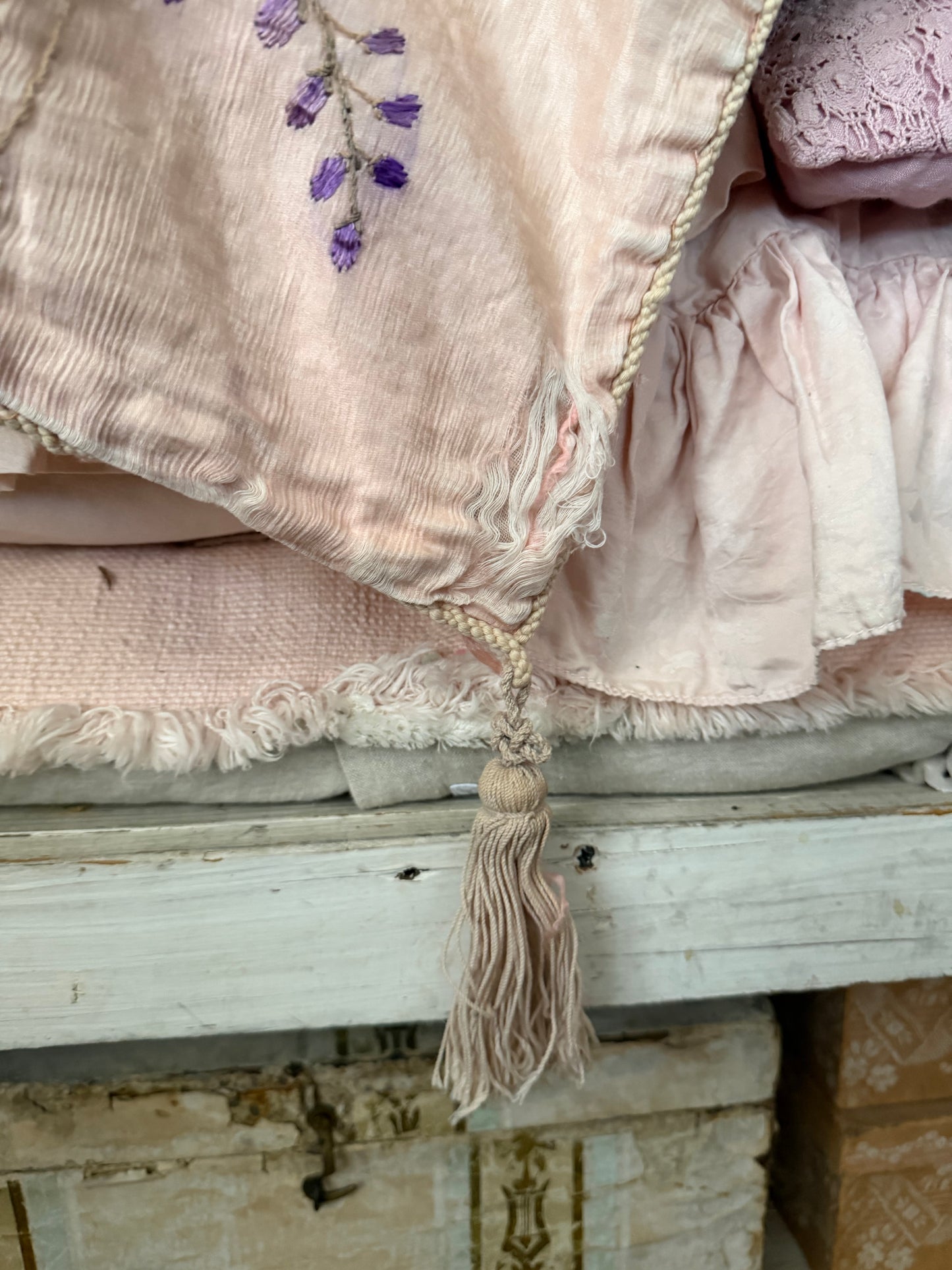 Antique Pink Silk Embroidered Boudoir Throw