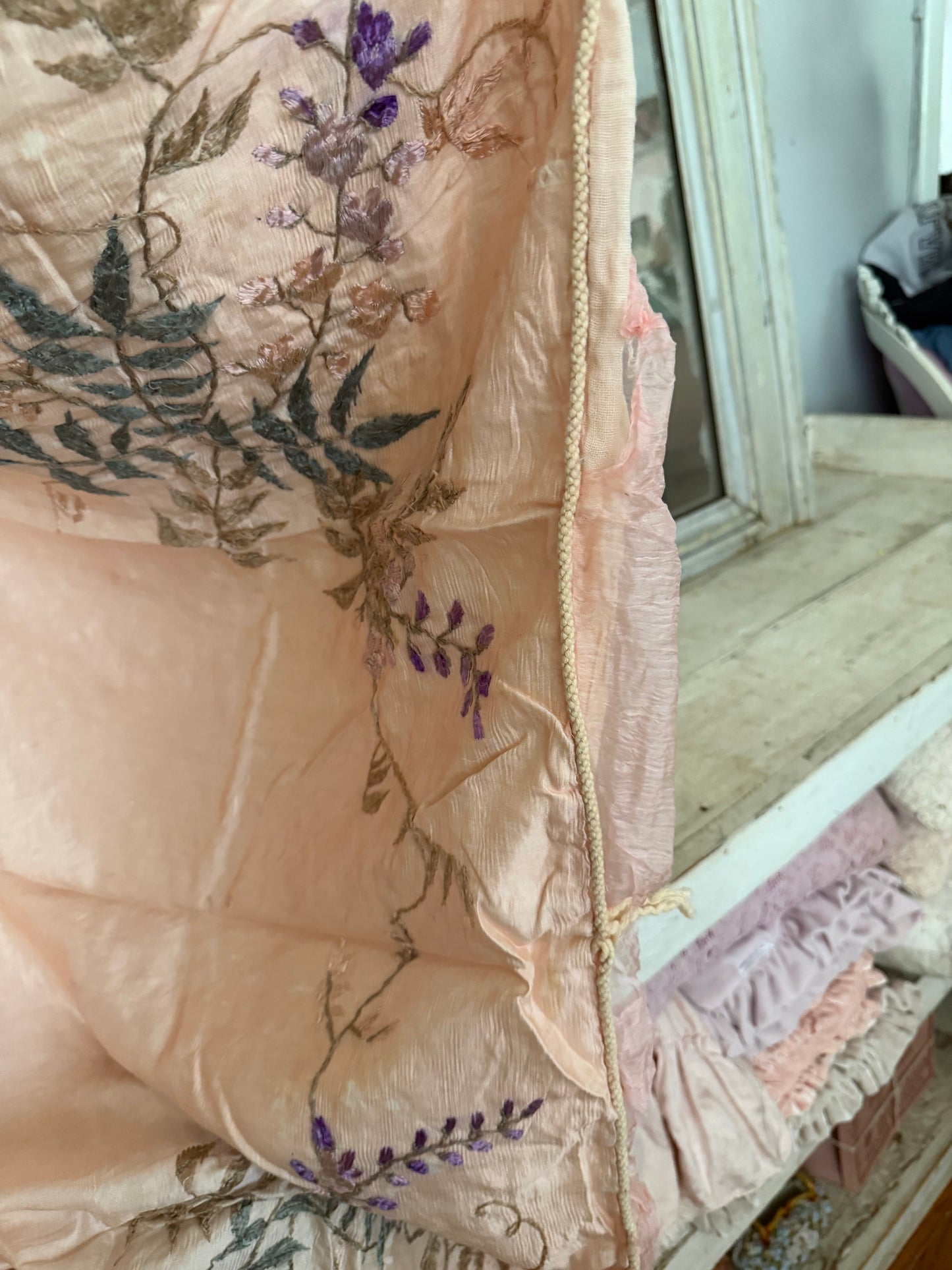 Antique Pink Silk Embroidered Boudoir Throw