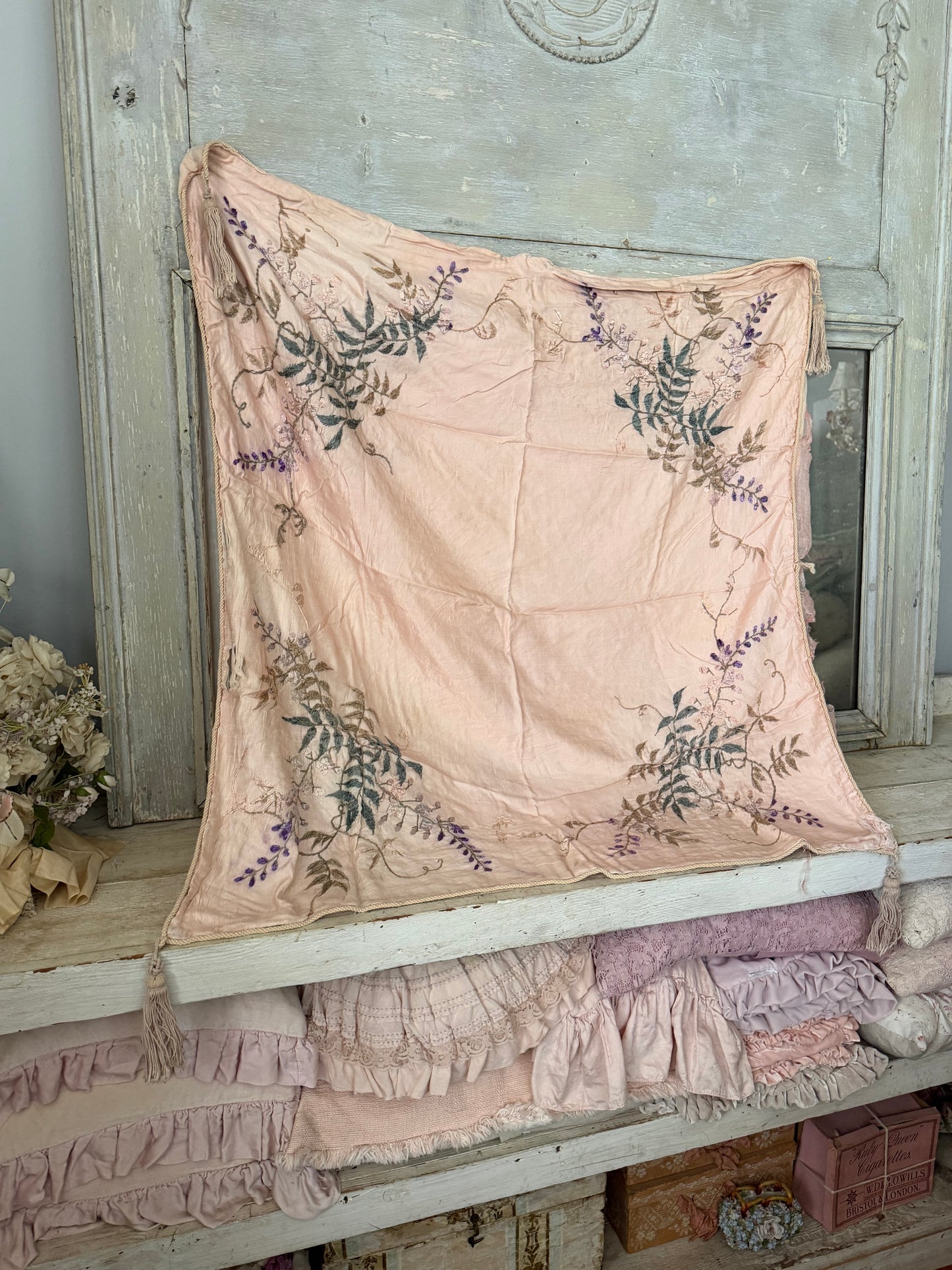 Antique Pink Silk Embroidered Boudoir Throw
