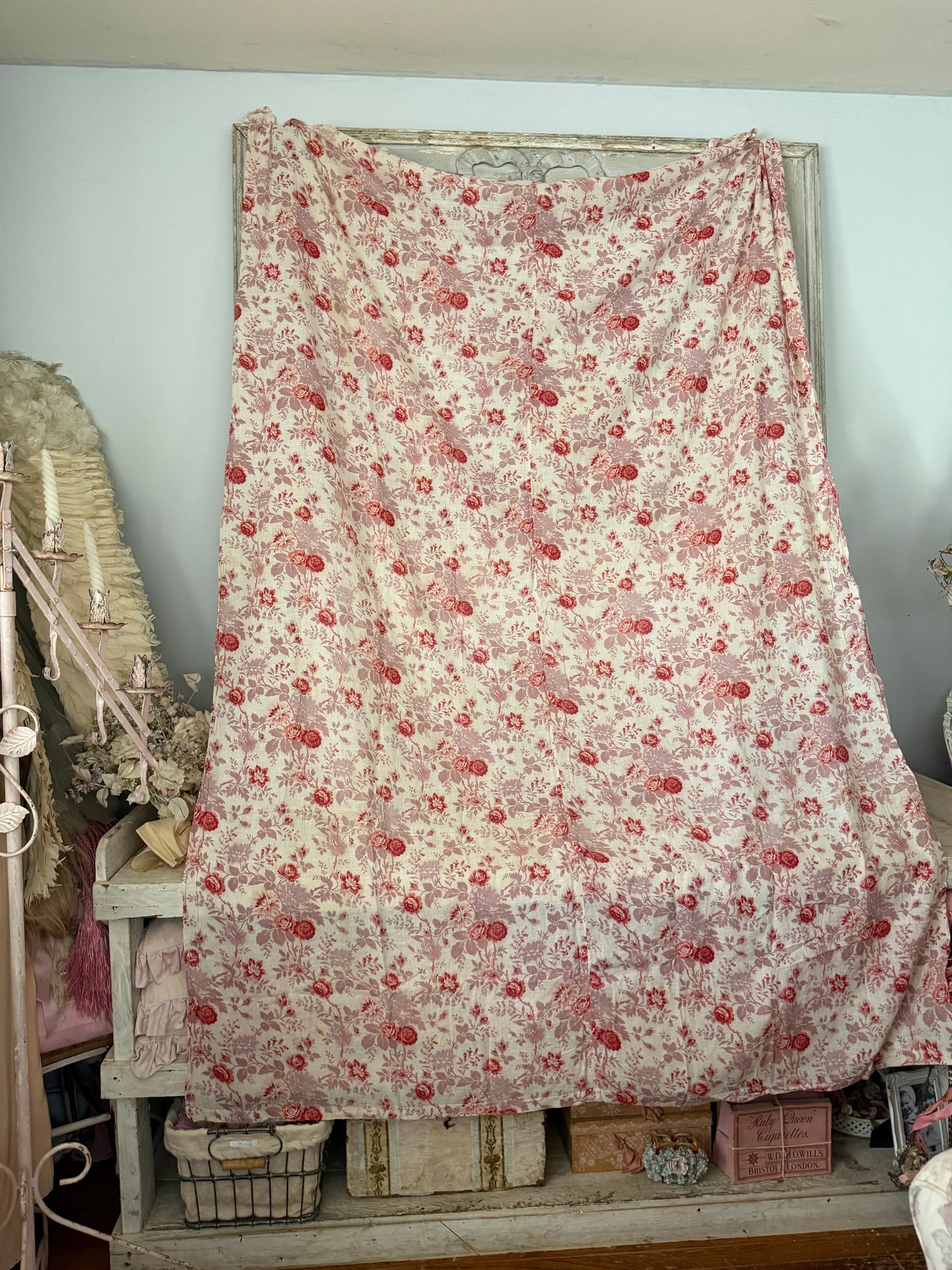 Antique French Fabric Panel Red Mauve Roses