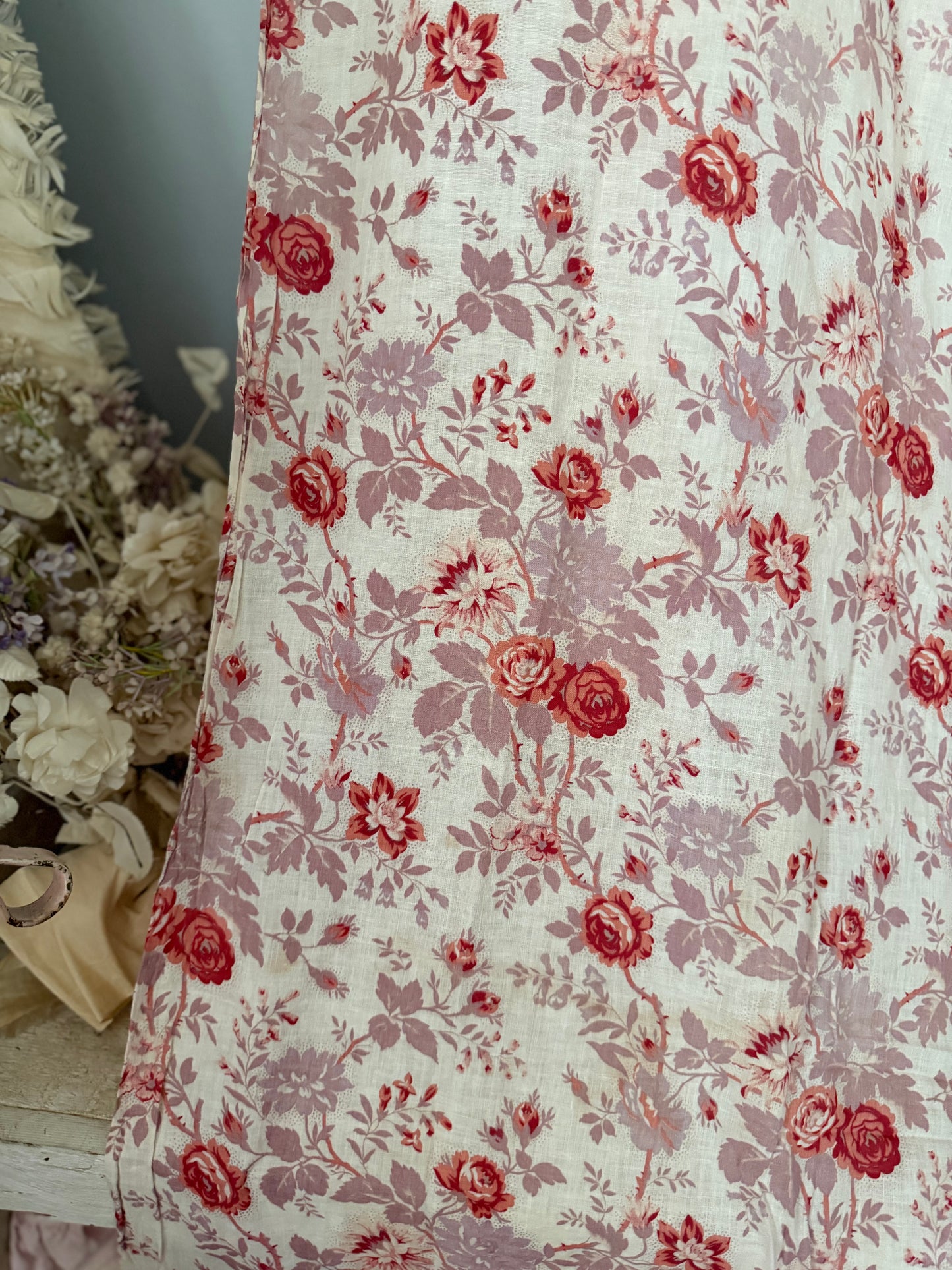 Antique French Fabric Panel Red Mauve Roses