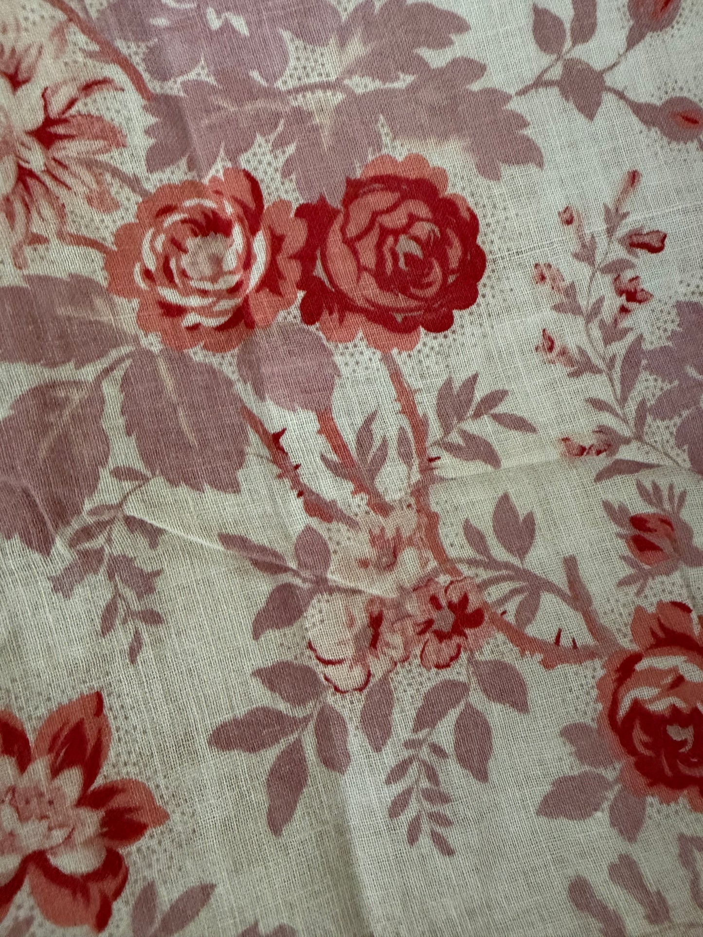 Antique French Fabric Panel Red Mauve Roses
