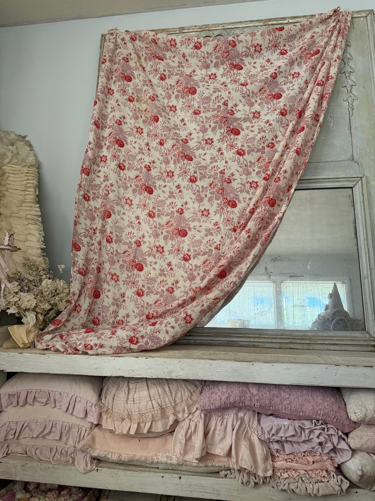 Antique French Fabric Panel Red Mauve Roses