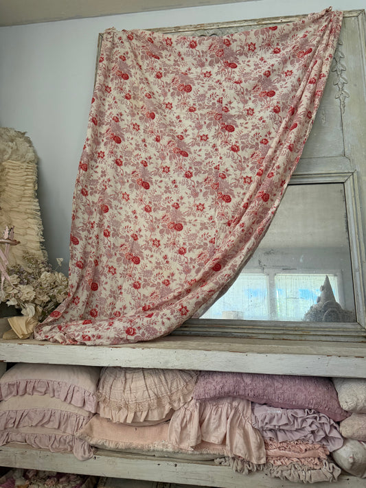 Antique French Fabric Panel Red Mauve Roses