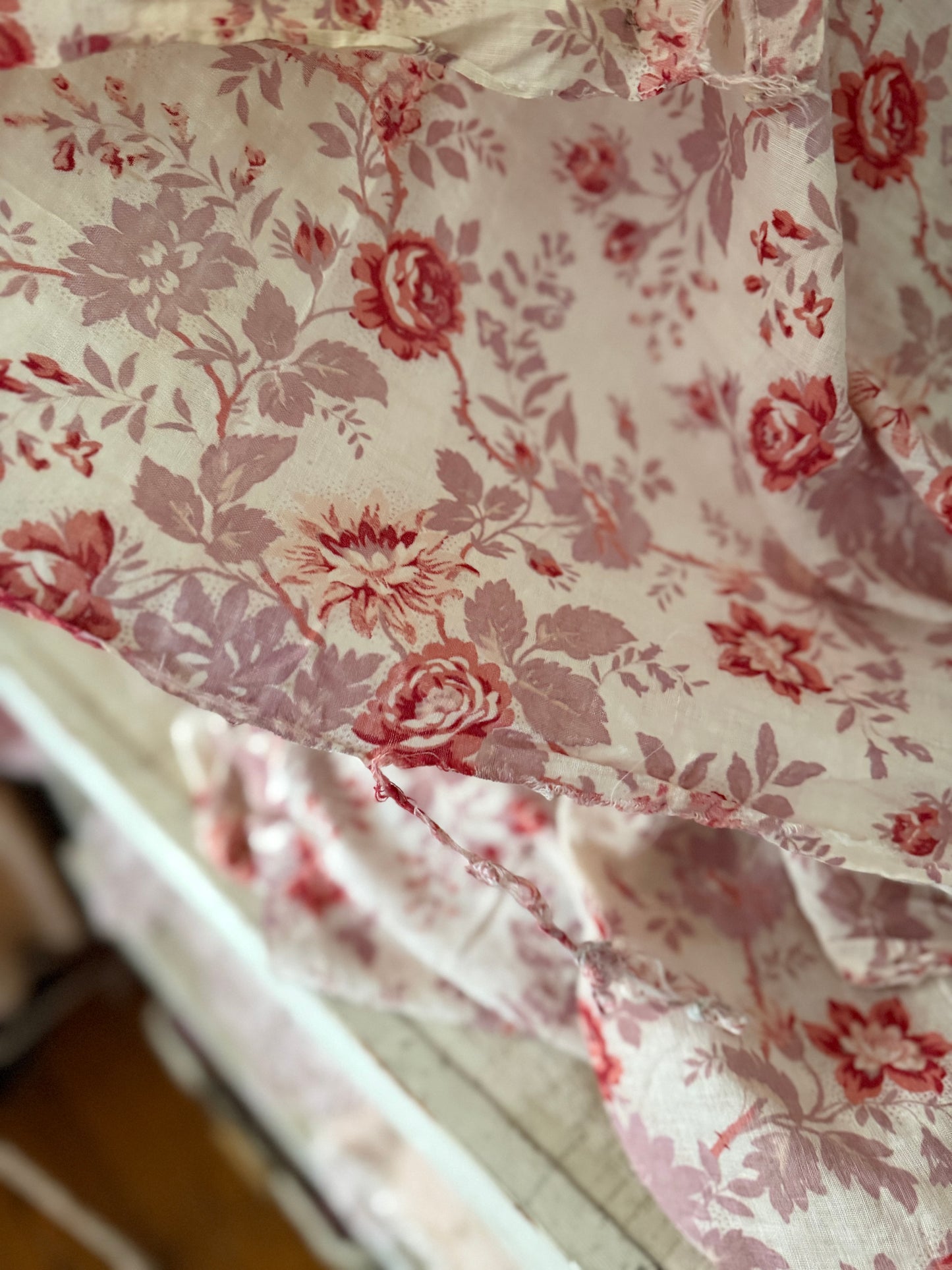Antique French Fabric Panel Red Mauve Roses
