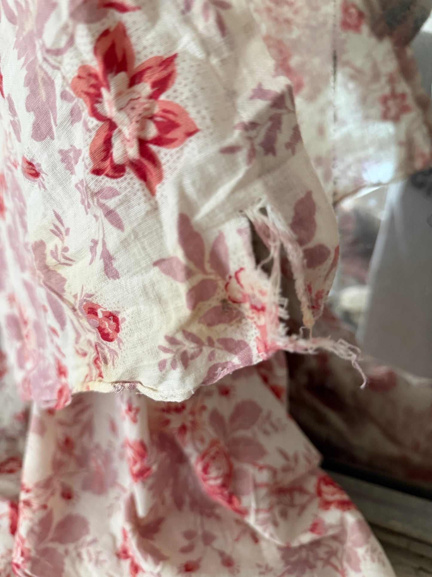 Antique French Fabric Panel Red Mauve Roses