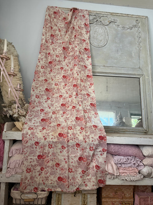 Antique French Fabric Panel Red Mauve Roses