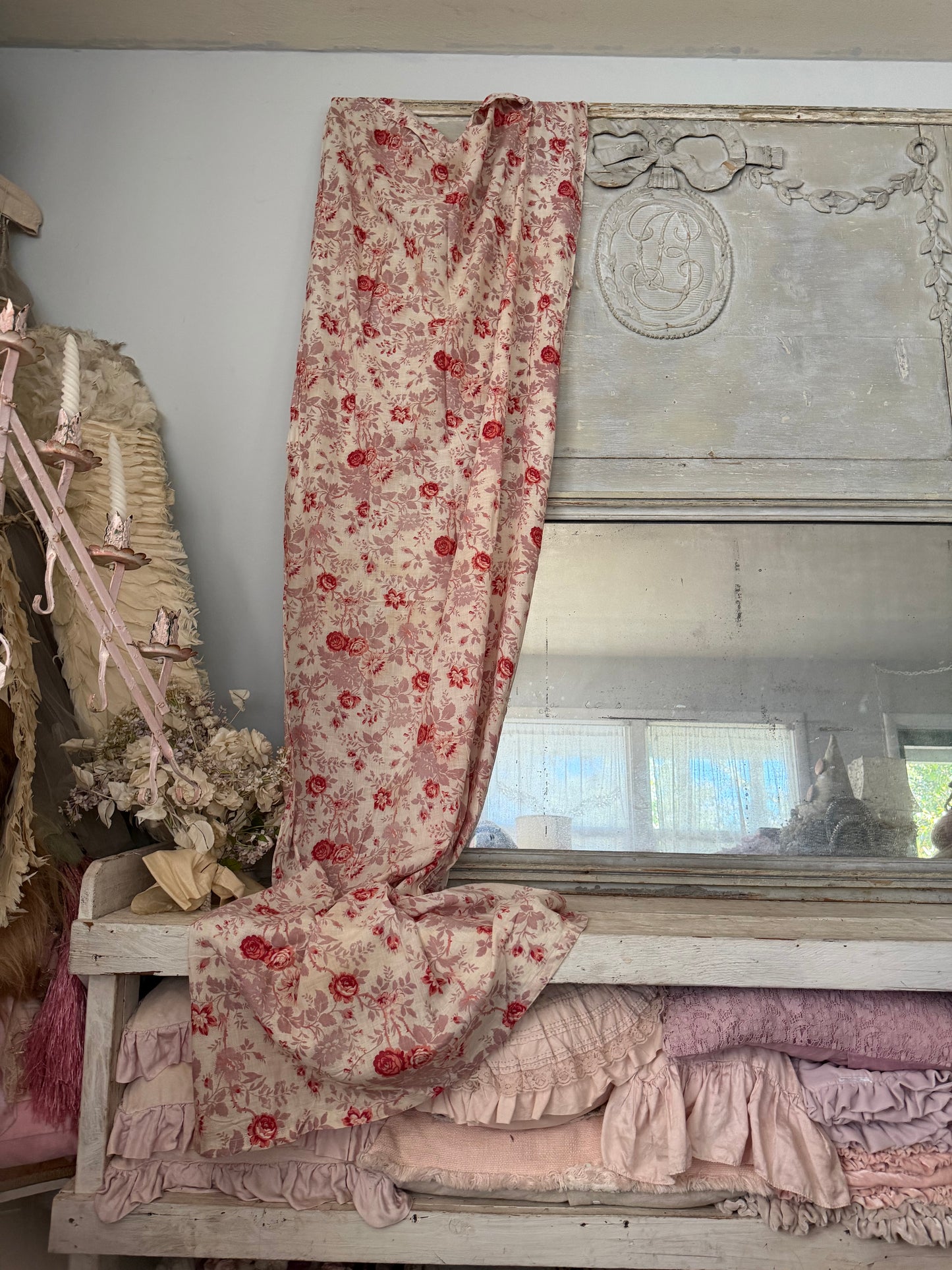 Antique French Fabric Panel Red Mauve Roses