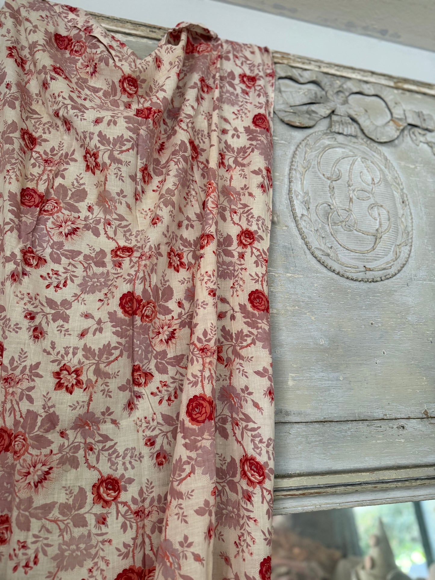 Antique French Fabric Panel Red Mauve Roses