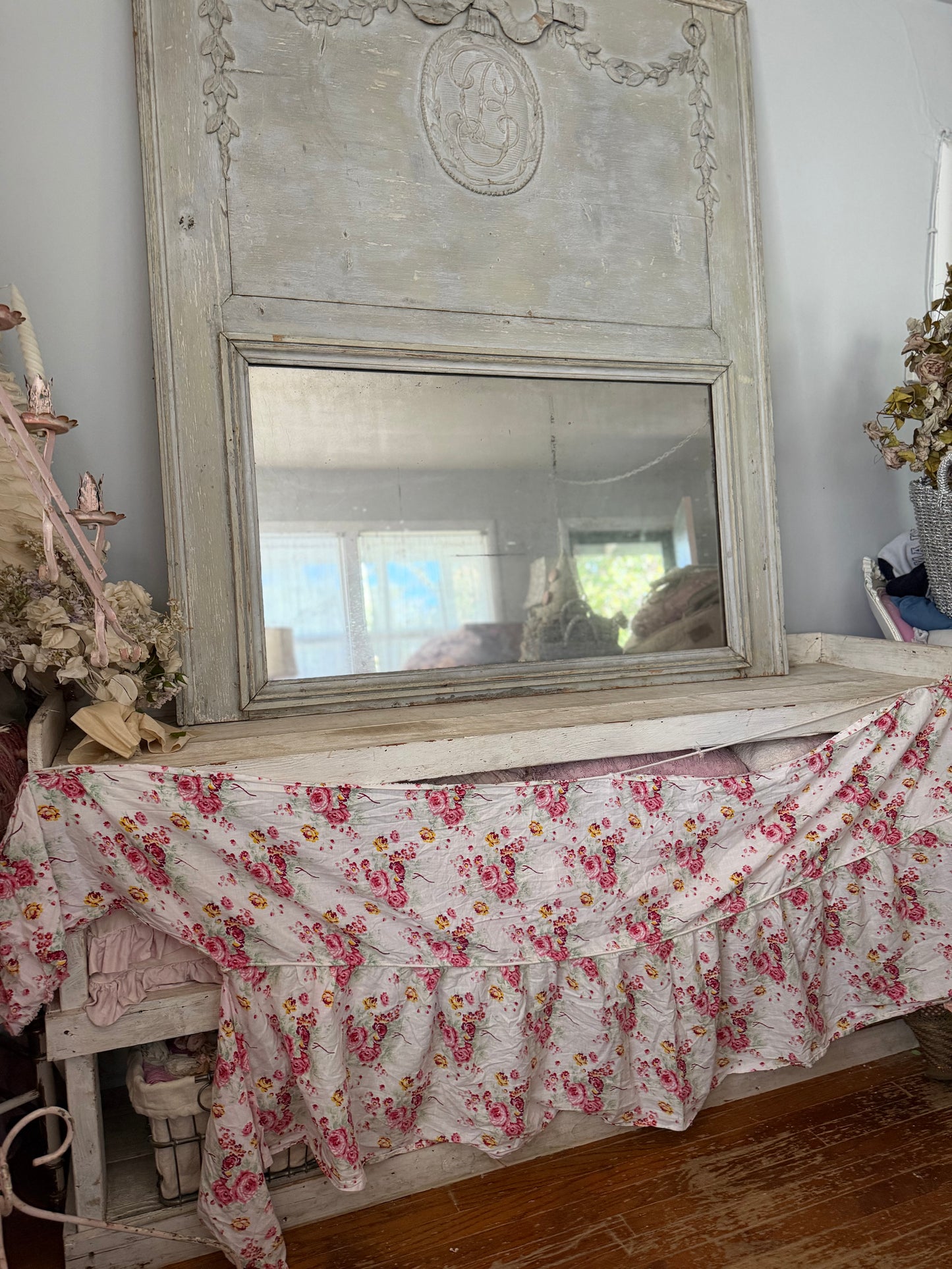 Antique Floral French Fabric Ruffled Valance Panel