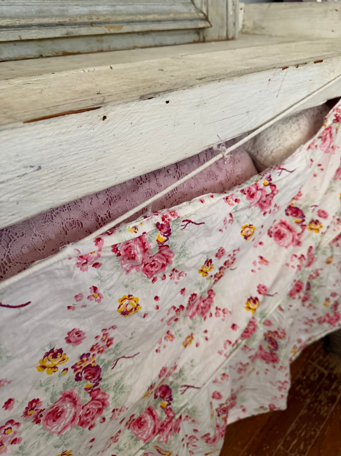 Antique Floral French Fabric Ruffled Valance Panel